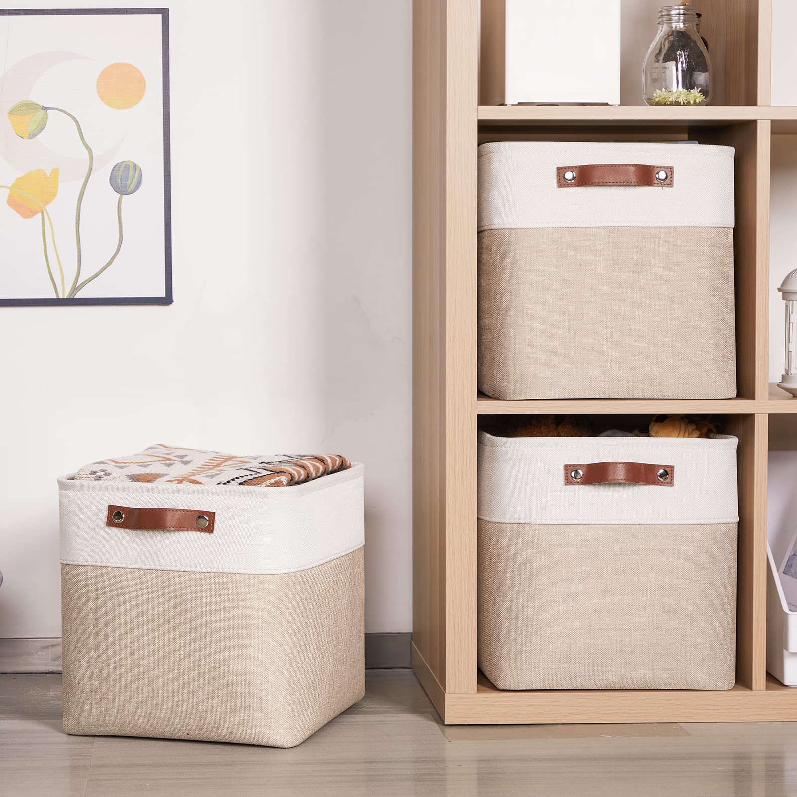 HNZIGE Foldable Storage Baskets 4 Pack - 12x12 Cube Organizer Bins for Shelves, Closet, Home & Office Organization - White & Beige Fabric Storage Boxes with Handles | Perfect for Bedroom, Nursery, Pantry & Toy Storage