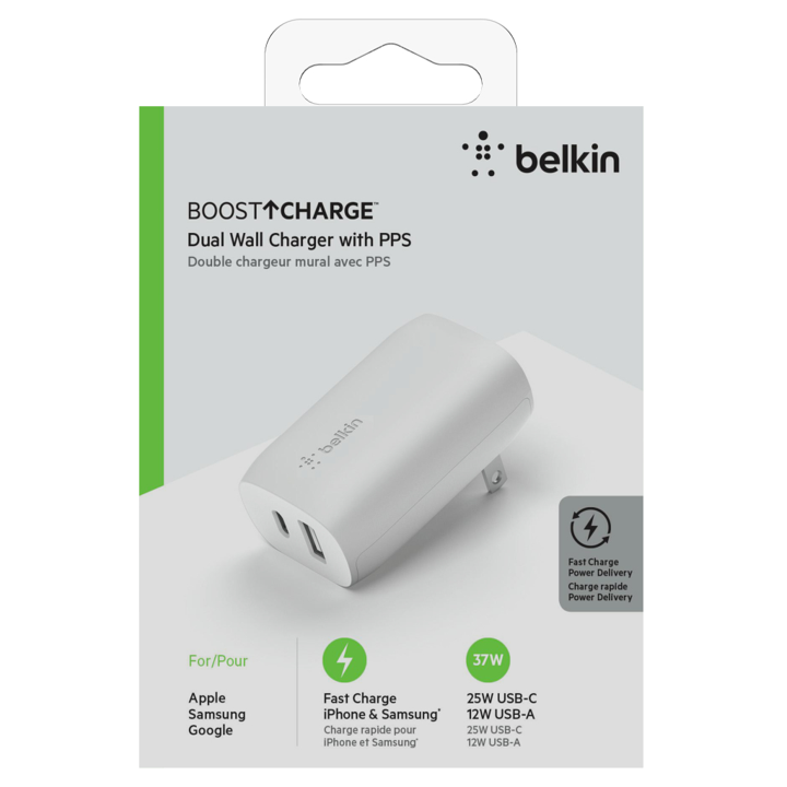 Belkin 37W USB C PD 25W & USB A 12W Fast Charger - White | Dual Port Wall Charger for iPhone, Samsung, iPad & More | Perfect for Home, Office & Travel