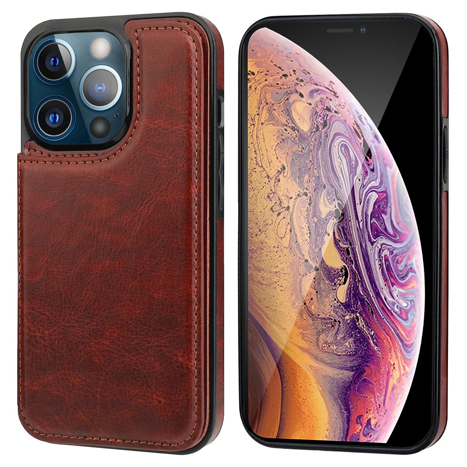 iPhone 13 Pro Max Wallet Case with Card Holder & Kickstand - PU Leather Magnetic Clasp Shockproof Cover (6.7 Inch, Brown) | Perfect for Daily Commute, Travel & Hands-Free Viewing