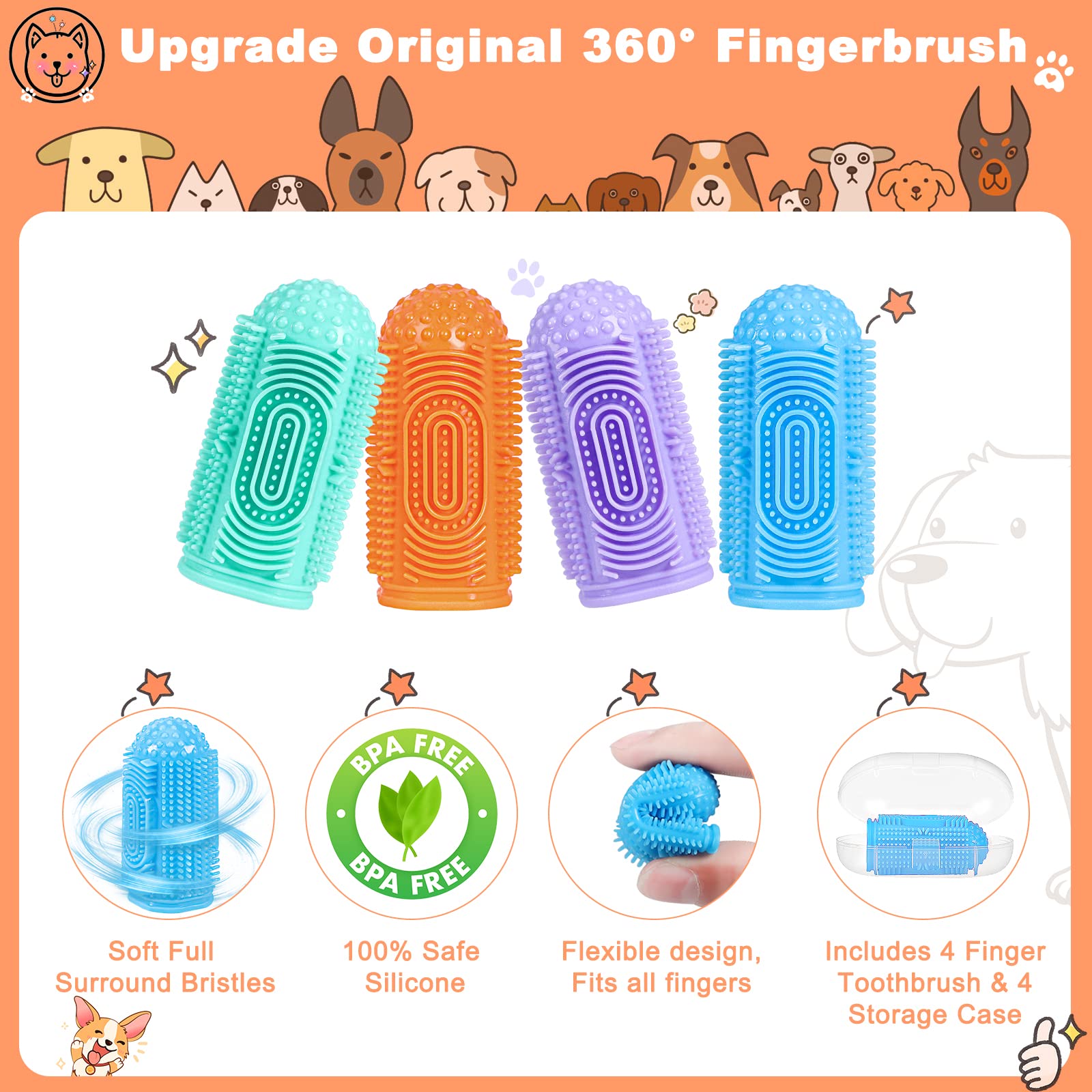 4-Pack Dog Toothbrush Kit with Finger Brush - Puppy Dental Care for Teeth Cleaning & Oral Hygiene - Perfect for Small, Medium & Large Dogs at Home or Travel