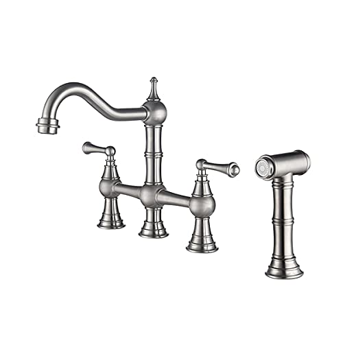 DAVEBELLA Modern Bridge Kitchen Sink Faucet with Pull-Out Sprayer - Solid Brass Dual Handle Rotating Spout for Farmhouse & Contemporary Homes - Perfect for Washing Dishes, Filling Pots & Cleaning Countertops