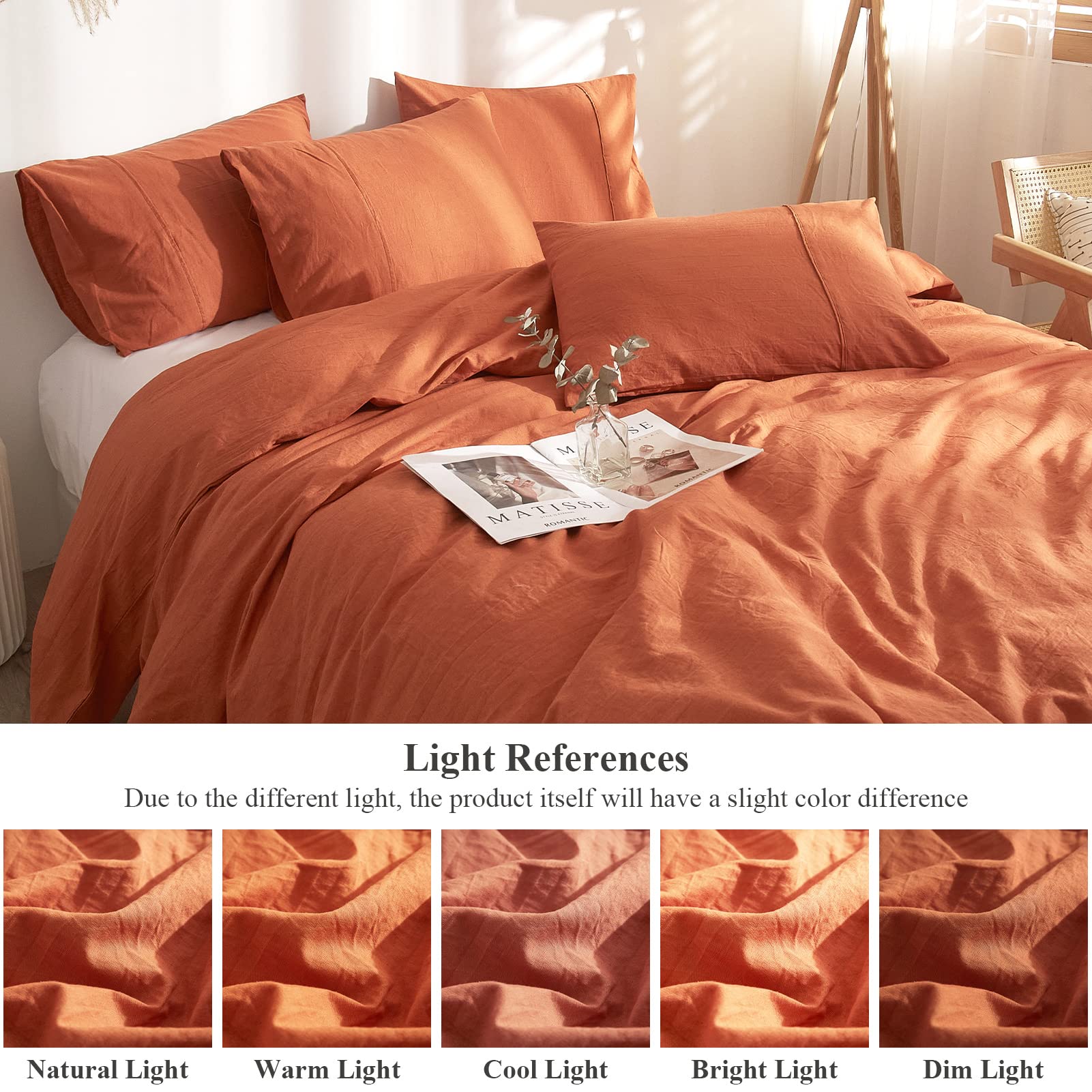 Ivellow 100% French Flax Linen Duvet Cover King Size - Burnt Orange Washed Linen Bedding Set with 2 Pillowcases | Soft, Breathable & Cooling | Perfect for Summer, Hot Sleepers & Eco-Friendly Home Decor