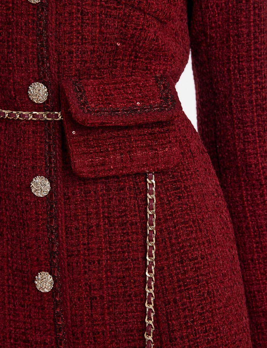Elegant Women's Tweed Mini Dress with Long Sleeves & Metal Buttons | Formal Crewneck Button-Up Dress for Office, Cocktail Parties & Special Occasions