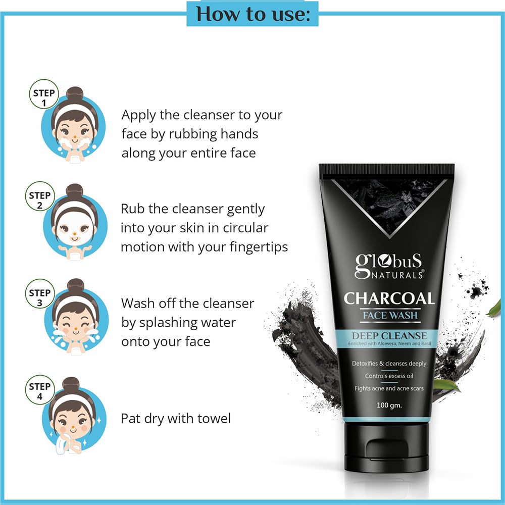Globus Naturals Charcoal Face Wash with Tea Tree, Neem & Papaya - Deep Cleansing, Oil Control, Acne & Blackhead Treatment (100g) | Gentle Daily Cleanser for Oily & Acne-Prone Skin