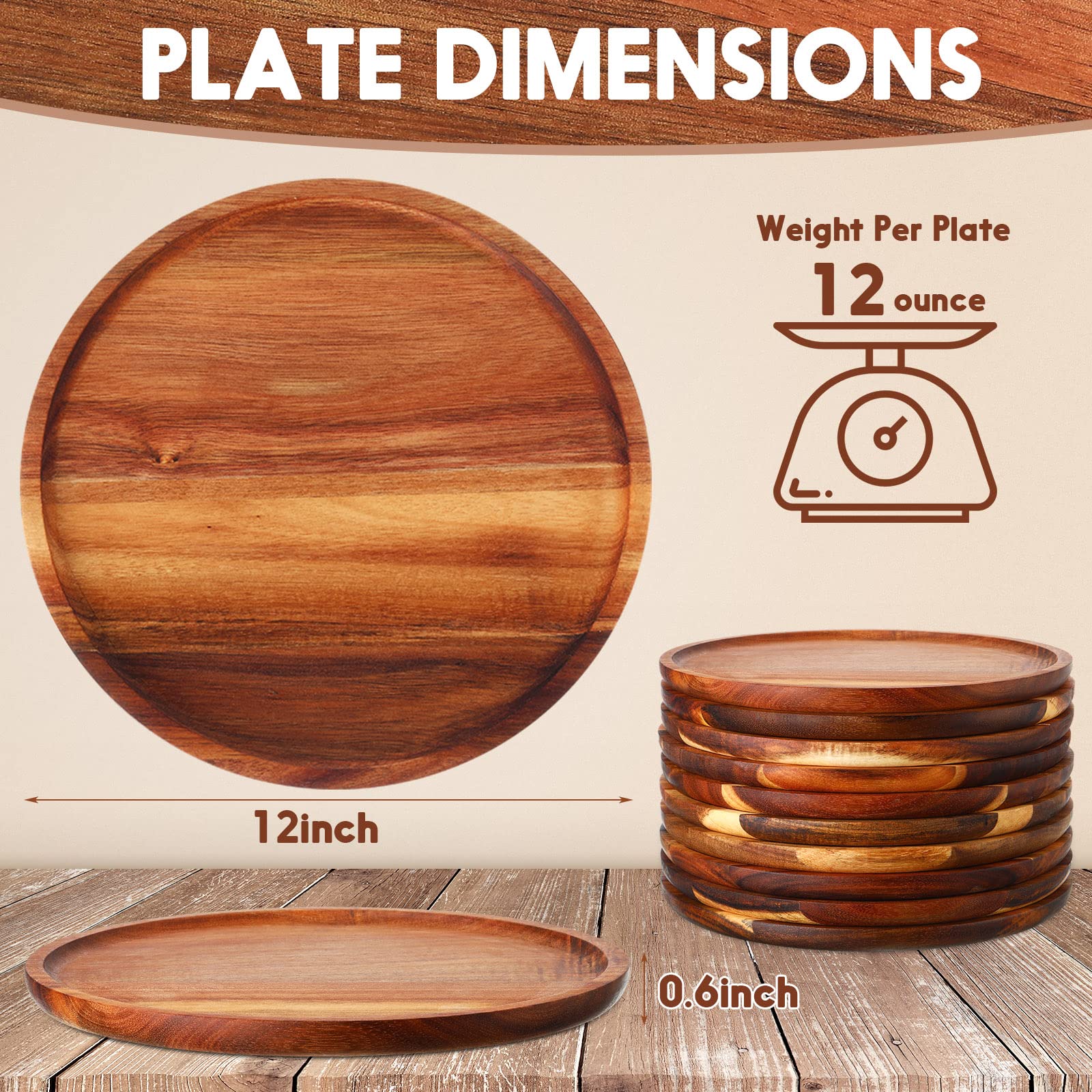 10-Piece Acacia Wood Round Charger Plates Set - 12 Inch Natural Wooden Dinner Plates, Lightweight Serving Trays for Dishes, Snacks & Desserts - Easy to Clean, Bulk Wood Platters for Parties, Weddings & Home Decor