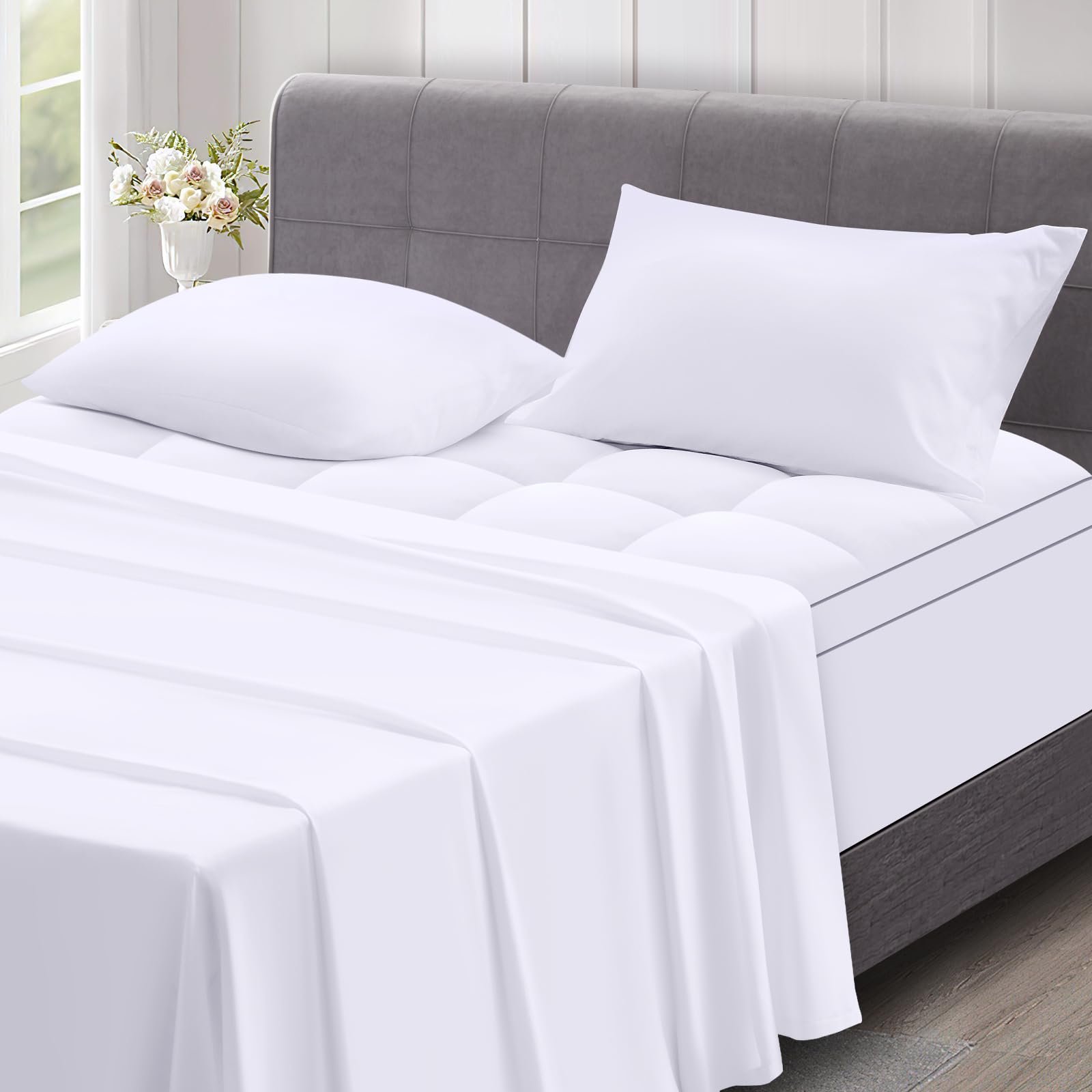 MASVIS 4-Piece King Size Mattress Topper Set - Ultra Soft Breathable Bed Sheet Collection - Therapeutic Memory Foam Mattress Pad Cover for Back Pain Relief - 8-21 Inch Deep Pocket Design with Overfilled Plush Pillow Top - White Luxury Bedding Set | Perfect for Master Bedrooms, Guest Rooms & Chronic Pain Sufferers