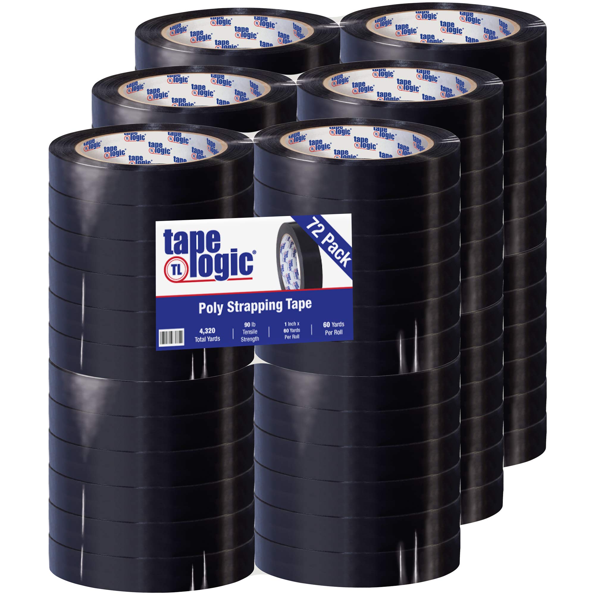 Tape Logic TLT977197 Black Tensilized Poly Strapping Tape - 2.7 Mil Thick, 1 Inch x 60 Yards (72 Rolls per Case) - Ideal for Shipping, Packaging, Bundling & Securing Heavy Loads