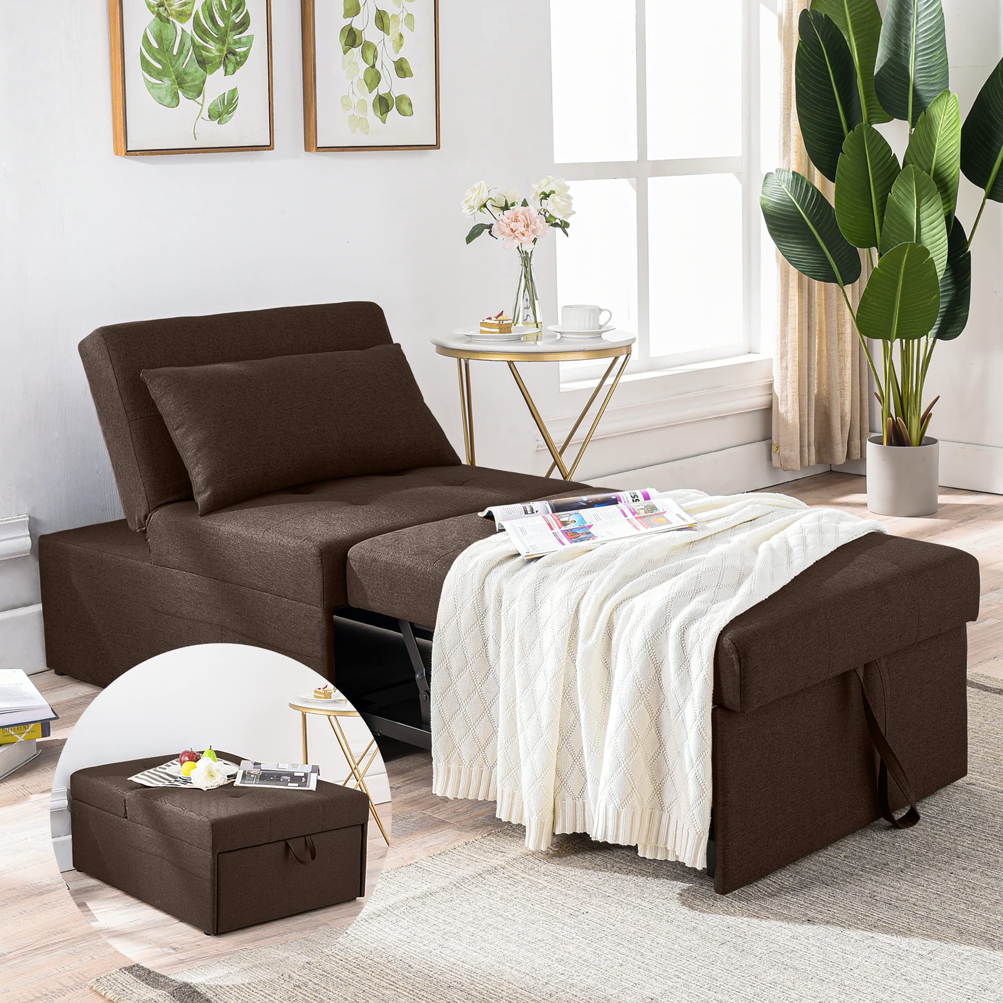 Cozy Castle Sleeper Chair - 4-in-1 Convertible Ottoman Bed & Pullout Sofa Bed with Durable Linen Fabric | Perfect for Small Spaces, Guest Rooms & Living Room Lounging | Brown Chaise Lounge