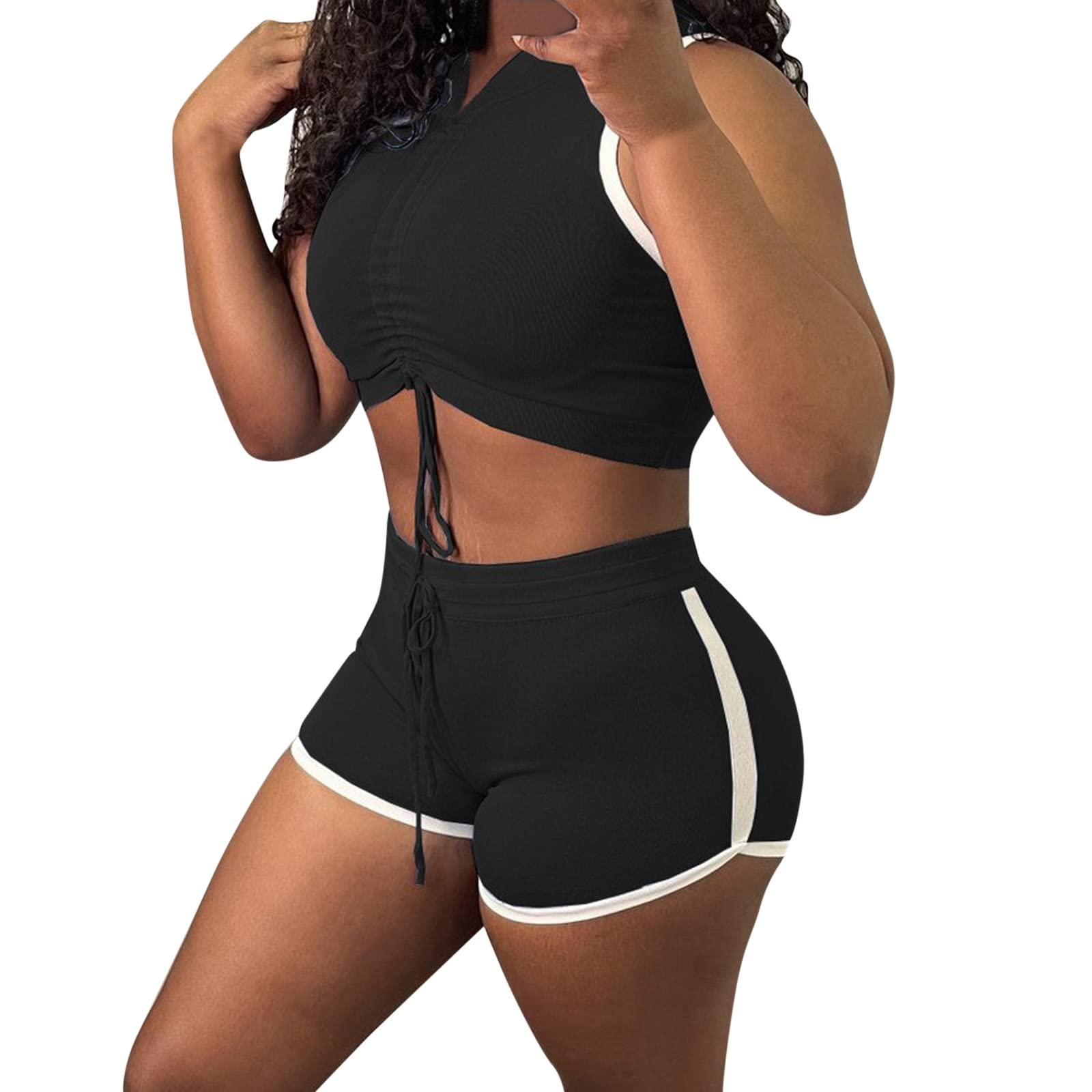 Women's 2-Piece Workout Set - Sleeveless Crop Top & Shorts for Gym & Yoga (Black, XL)