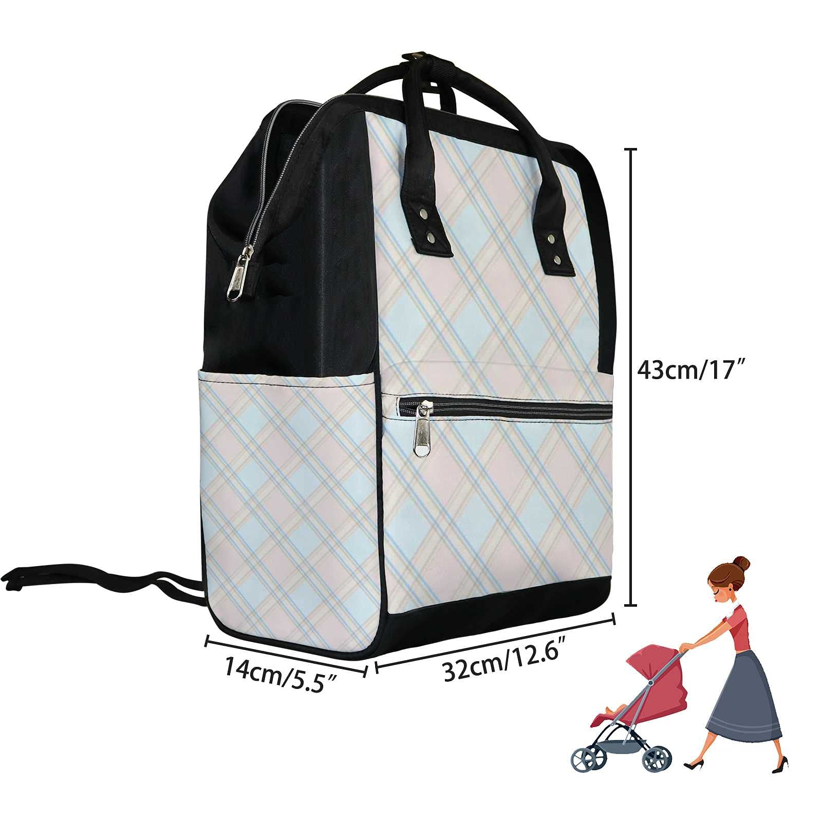 Multifunctional Waterproof Diaper Backpack - Large Capacity Baby Nappy Bag for Travel, Nursing & Outings | Light Pink & Blue Square Diagonal Stripes Design | Perfect for Moms on the Go, Daycare & Family Trips