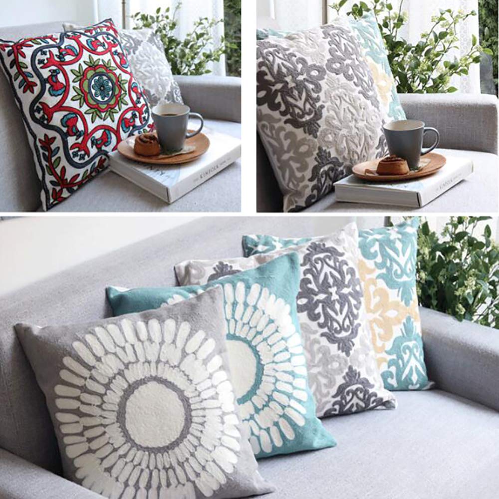 Embroidered Flower Pillow Cover 18x18 Inches - Boho Geometric Sofa Cushion for Living Room, Bedroom Decor - Soft Cotton Throw Pillow Case with Floral Design (A-45×45cm) - Perfect for Home Styling, Cozy Seating & Gift Giving