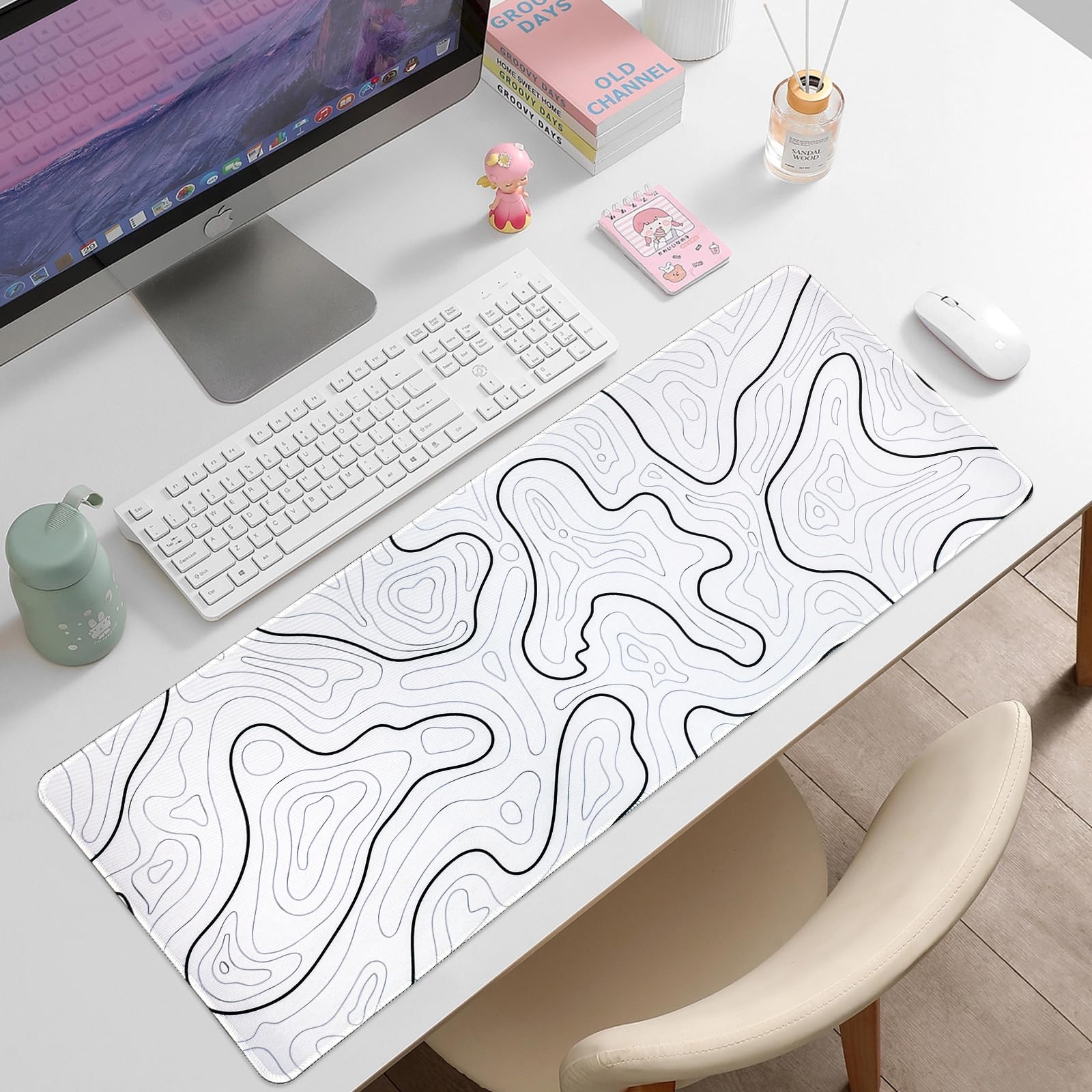 Large White Topographic Gaming Mouse Pad - 31.5''x11.8'' XL Desk Mat for Computer, Laptop, Keyboard | Perfect for Gaming, Office Work & Home Use