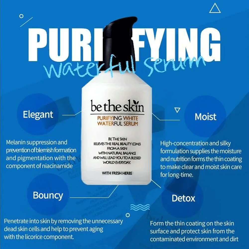 Be The Skin Purifying White Waterful Serum 50ml - Brightening Hydrating Facial Treatment for Dull & Dry Skin - Perfect for Daily Skincare Routine & Nighttime Regimen