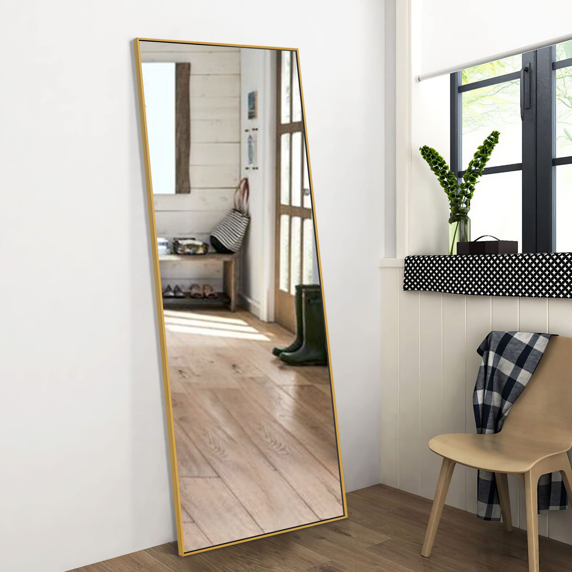 NeuType 64x22 Inch Full Length Mirror - Wall Mounted or Floor Standing Dressing Mirror with Aluminum Alloy Frame (Gold) for Bedroom, Living Room & Closet Organization | Large Thin Frame Mirror for Home Decor and Outfit Checking