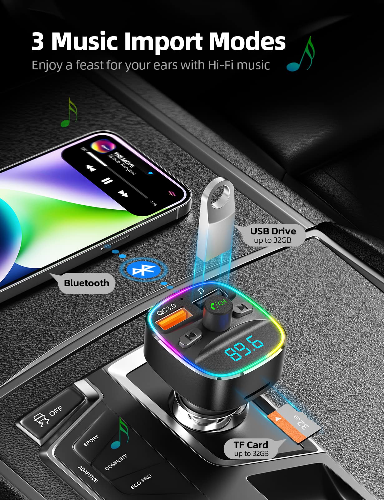 Nulaxy NX10 Bluetooth FM Transmitter for Car - Wireless Car Adapter with Dual USB Charger, MP3 Player, Hands-Free Calling, TF/USB Support & 7-Color LED Backlit - Perfect for Road Trips & Commuting