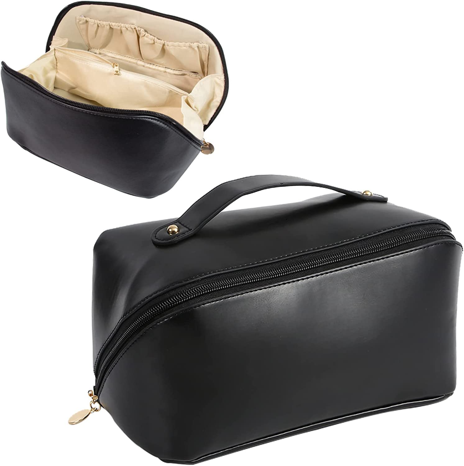 Premium Leather Cosmetic Travel Bag for Women - Waterproof Makeup Organizer with Handle & Dividers, Wide Opening Design for Easy Access (Multicolor) - Perfect for Travel, Gym, and Daily Makeup Storage