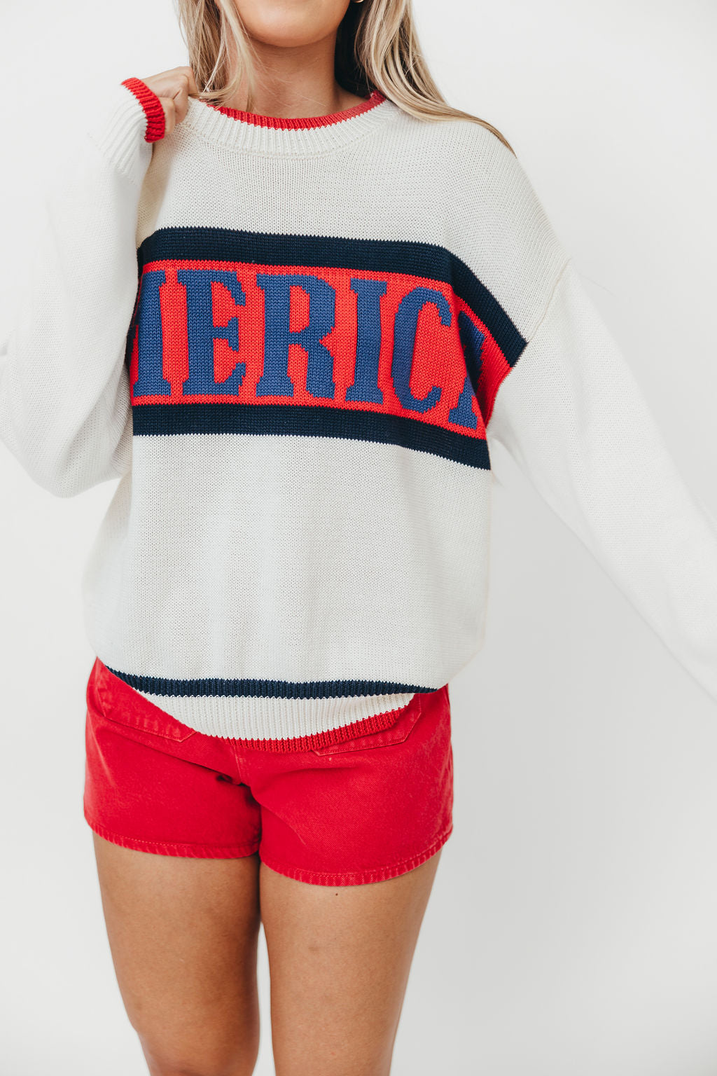 American Graphic Print Long Sleeve Crewneck Sweater - White & Multi Color | Casual Fall Winter Fashion for Men & Women