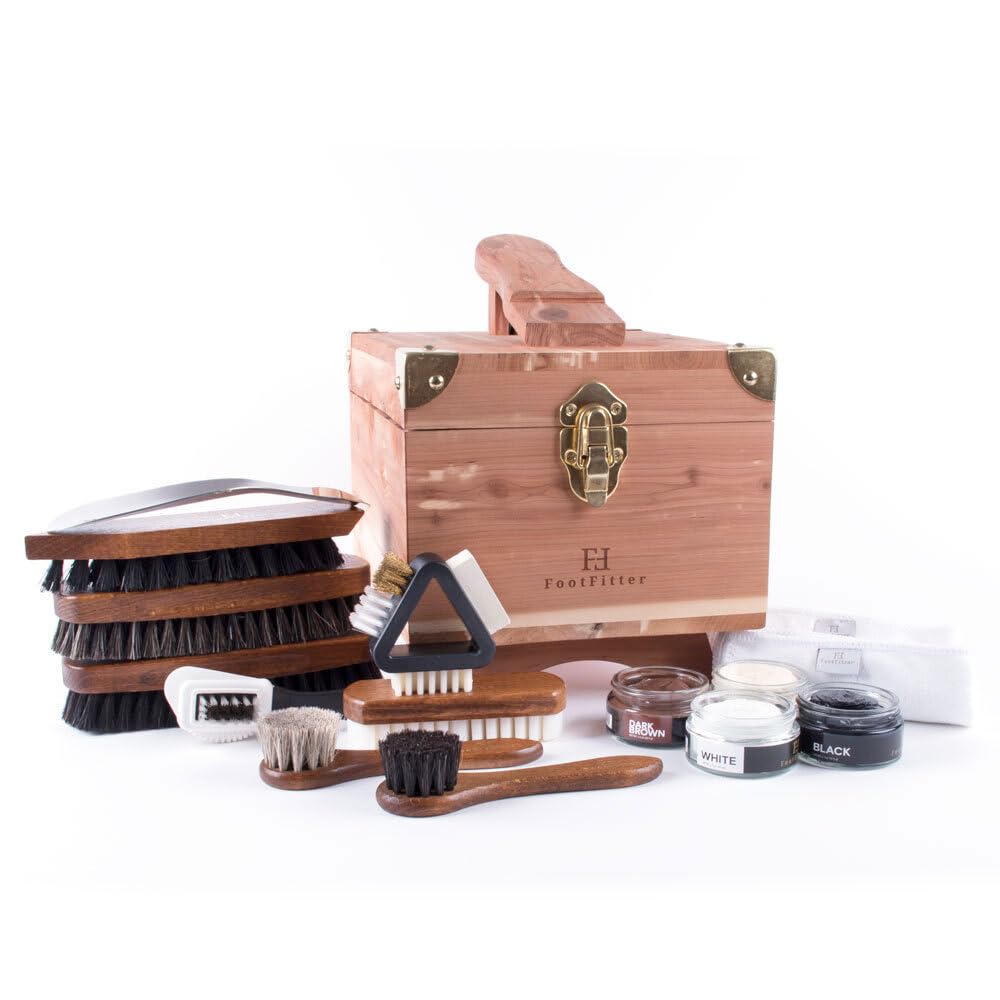 Premium Leather Shoe Shine & Suede Cleaning Kit with Cedar Valet Box - Includes Polish Creams, Brushes & Shoe Care Tools for Men & Women - Perfect for Home, Office & Travel Shoe Maintenance