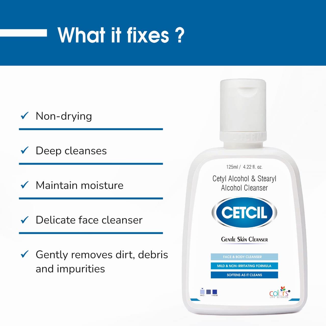 Cetcil Gentle Skin Cleanser for Face & Body - Oil Control & Moisturizing with Cetyl & Stearyl Alcohol - Softens & Brightens Skin - 125ml - Ideal for Daily Cleansing, Sensitive Skin Care & Glowing Complexion