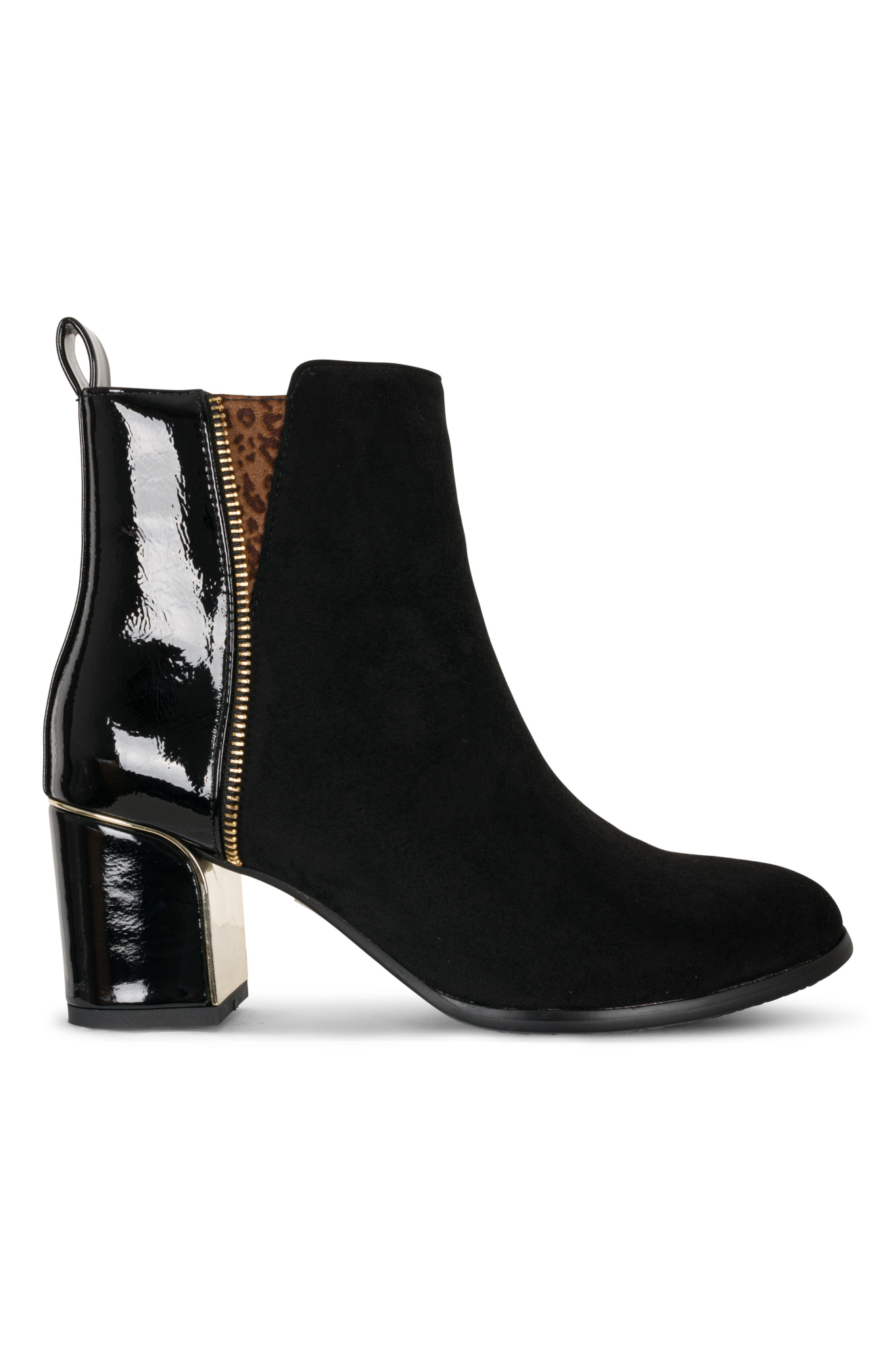 Gold Trim Faux Suede Ankle Boots for Women - Black Chunky Heel JODEE ZZ - Stylish Fall & Winter Fashion Booties for Office, Party & Casual Outfits