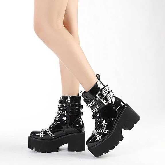 Women's Chunky Heel Platform Ankle Boots - Gothic Punk Motorcycle Combat Riding Boots with Lace Up & Zipper, Round Toe for Casual Outfits, Night Out, Concerts & Street Style Fashion