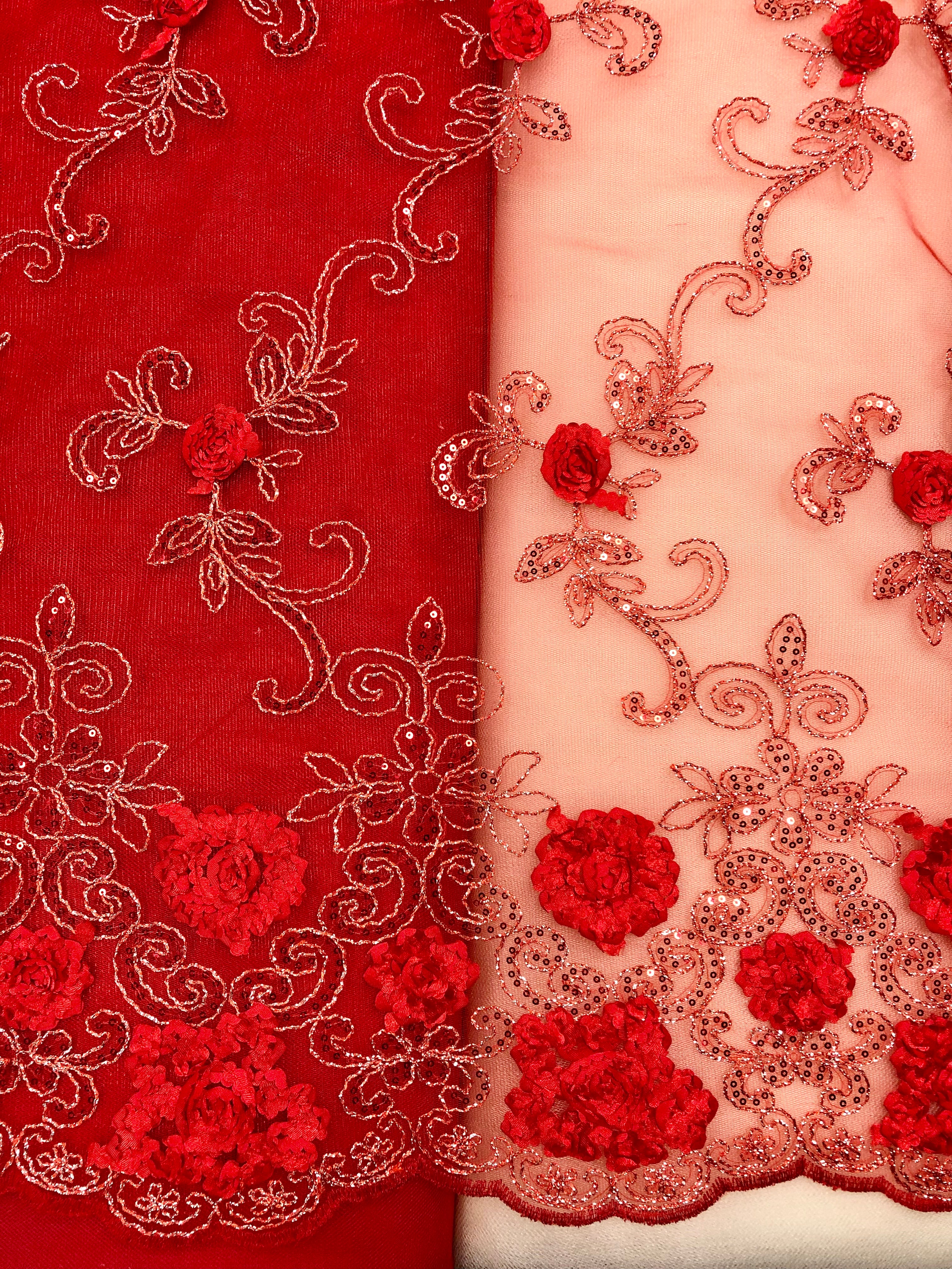 Elegant 52-Inch Wide Red Lace Fabric with Silver Sequins & 3D Floral Embroidery - Perfect for Wedding Dresses, Costumes, and DIY Decorations