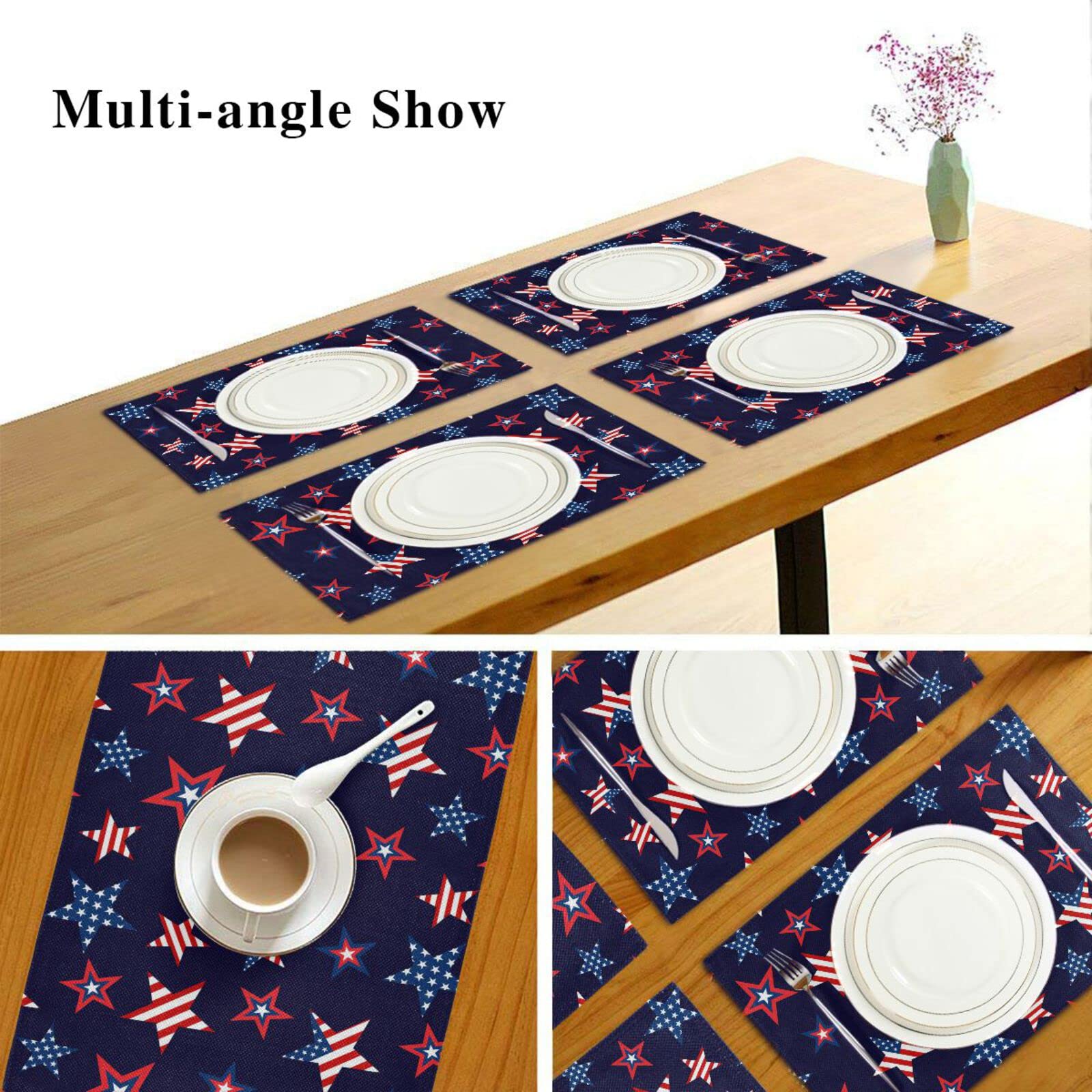 USA Flag Placemats Set of 4 - Patriotic American Stars Table Mats 12x18 Inch, Washable & Heat Resistant for Kitchen & Dining Table Decor | Perfect for 4th of July, Memorial Day & Everyday American Pride