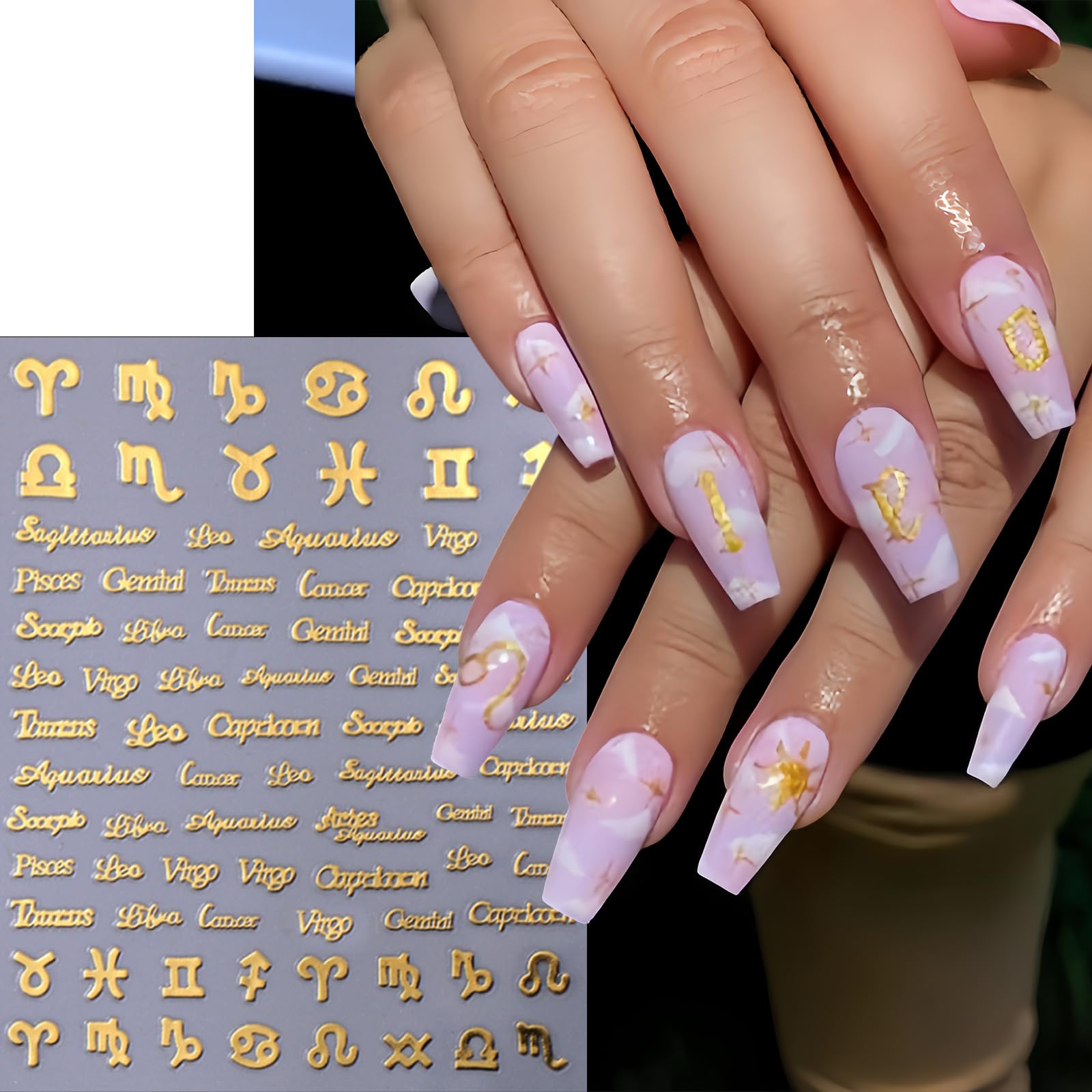 6 Sheets English Letters Nail Stickers - 3D Self-Adhesive Gold Silver Pink Zodiac Constellation Nail Art Decals for Women | Perfect for DIY Nail Art, Parties, Gifts & Salon Use