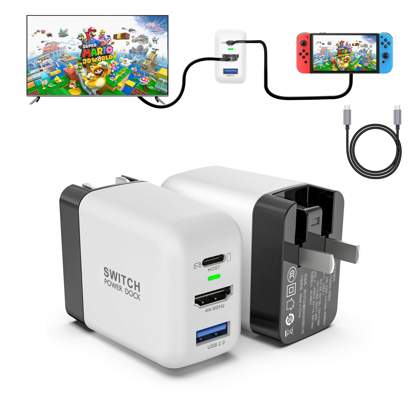 Mirabox 36W Portable TV Docking Station for Nintendo Switch - 4K@60Hz HDMI/USB 2.0/PD USB-C Fast Charging Ports with USB-C Cable - Perfect for Home Gaming & Travel Entertainment