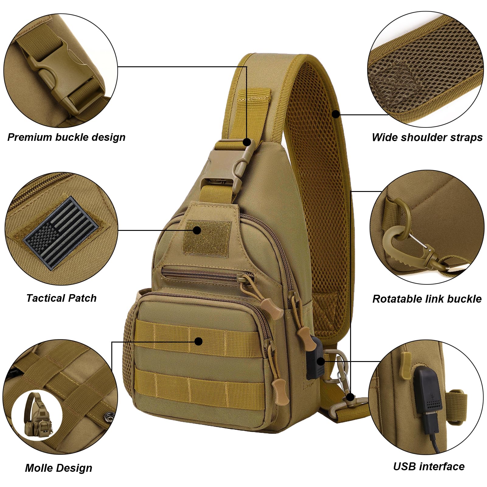 Tactical Sling Crossbody Backpack with Water Bottle Holder & MOLLE System | EDC Shoulder Chest Bag with USB Charging Port | Perfect for Travel, Hiking & Outdoor Adventures (Coyote Brown)