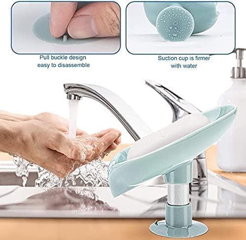 Self-Draining Plastic Soap Stand Holder for Bathroom & Kitchen Sink - Magic Stickers Included - Leaf Design Soap Dish (2-Pack) - Perfect for Showers, Countertops, and Vanity Organization