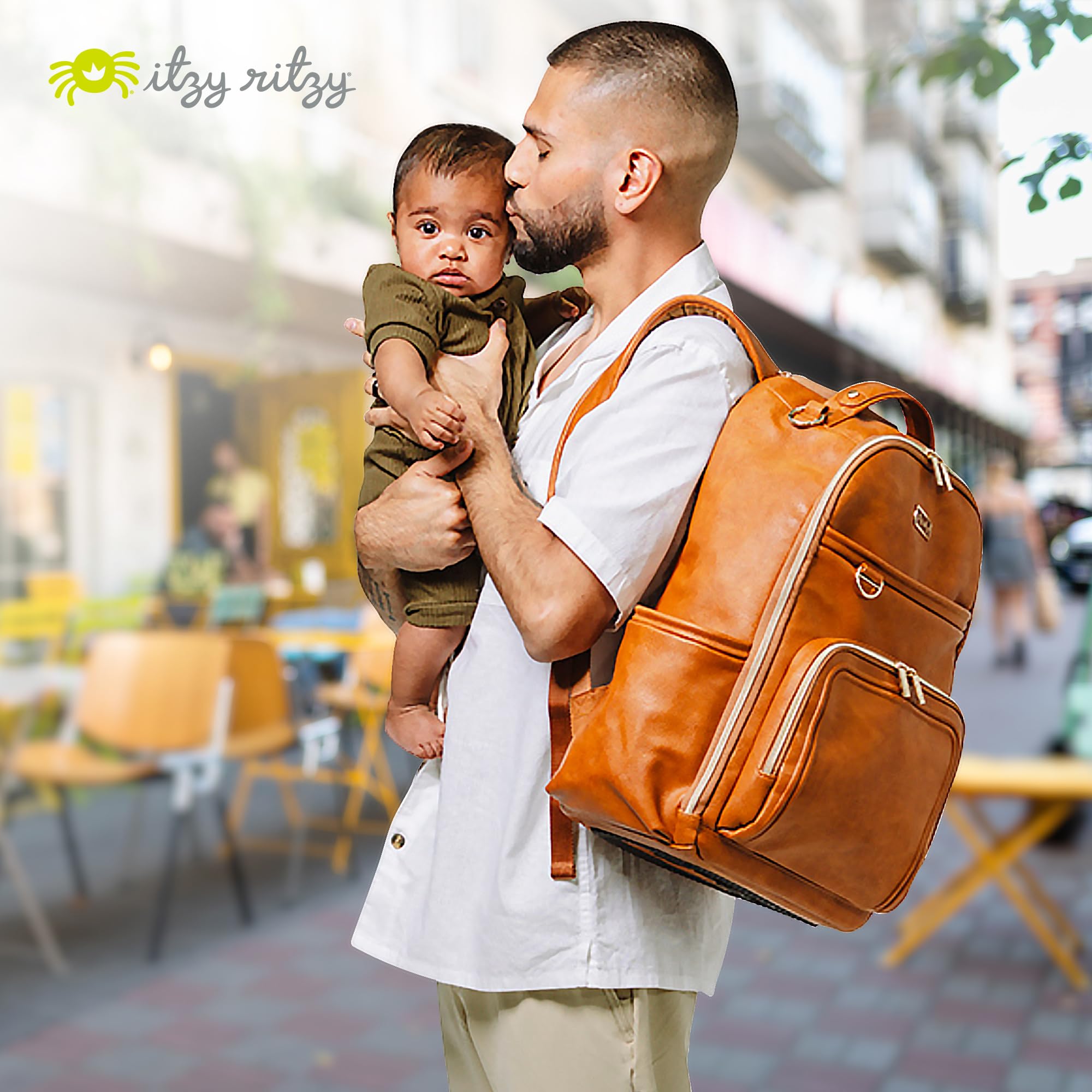 Itzy Ritzy Boss Plus Baby Diaper Backpack – Large Capacity with 19 Pockets, Changing Pad & Stroller Clips | Comfortable Shoulder Straps in Cognac | Perfect for Moms, Dads & Caregivers on the Go