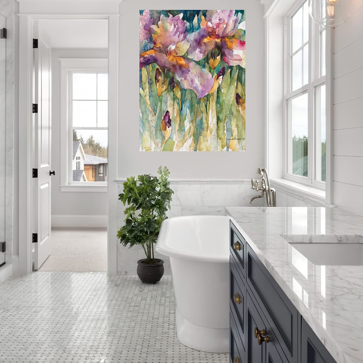 Hand-Painted Siberian Iris Fine Art Canvas Wall Decor by Artist Annelein Beukenkamp - 24x32 Inch Ready-to-Hang Painting for Living Room, Bedroom, Office & Home Decor - Floral Canvas Art for Wall Styling & Interior Design