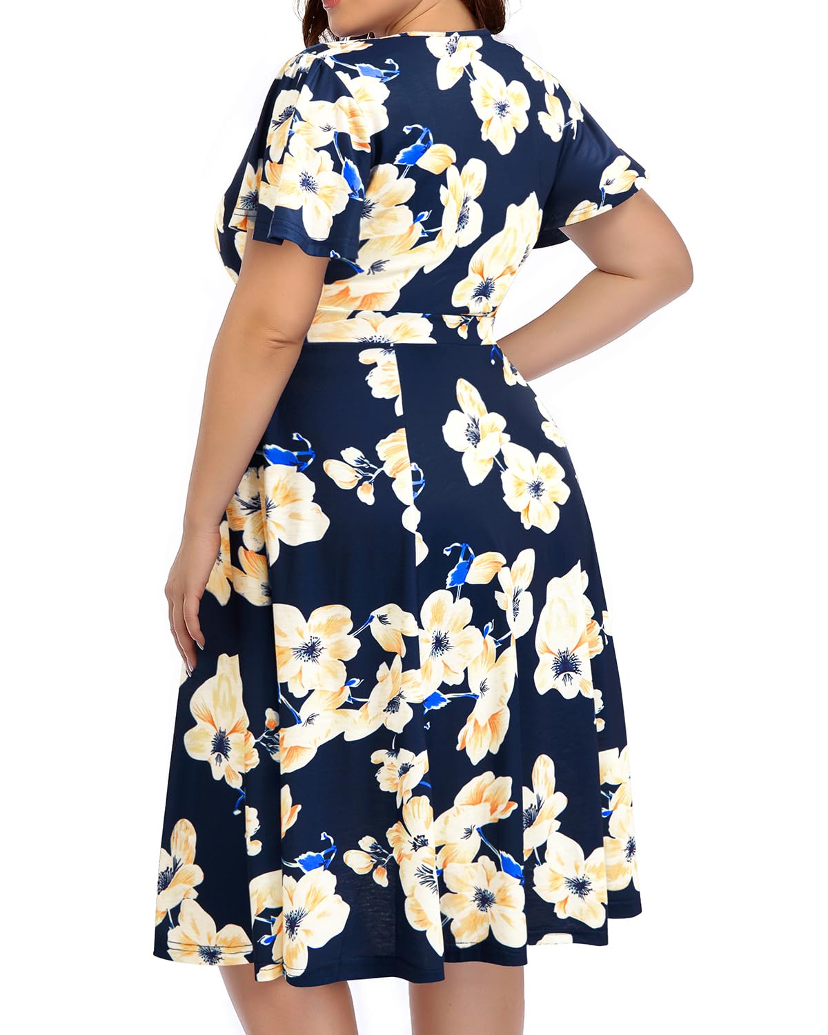 Plus Size Women's Pinup Fashion Cocktail Dress - Semi Formal Wrap Empire Waist Midi Dress for Wedding Guest, Party, and Special Occasions