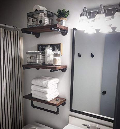 Industrial Pipe Shelving Wall Mounted - 3 Tier Rustic Bathroom Shelves with Pipe Brackets - Heavy Duty Metal Wall Shelf for Bathroom, Kitchen, Laundry Room & Garage Storage Organization