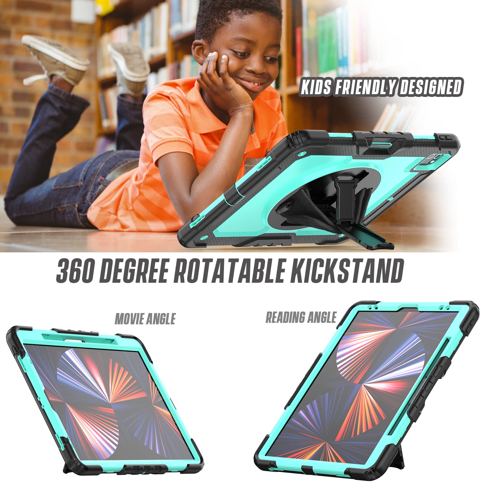Premium iPad Pro 12.9 Case for 6th/5th/4th Gen - Heavy Duty 3-Layer Shockproof Protective Cover with Built-in Pencil Holder & Screen Protector | Shoulder Strap Included | Sky Blue | Perfect for Travel, Work & Outdoor Activities