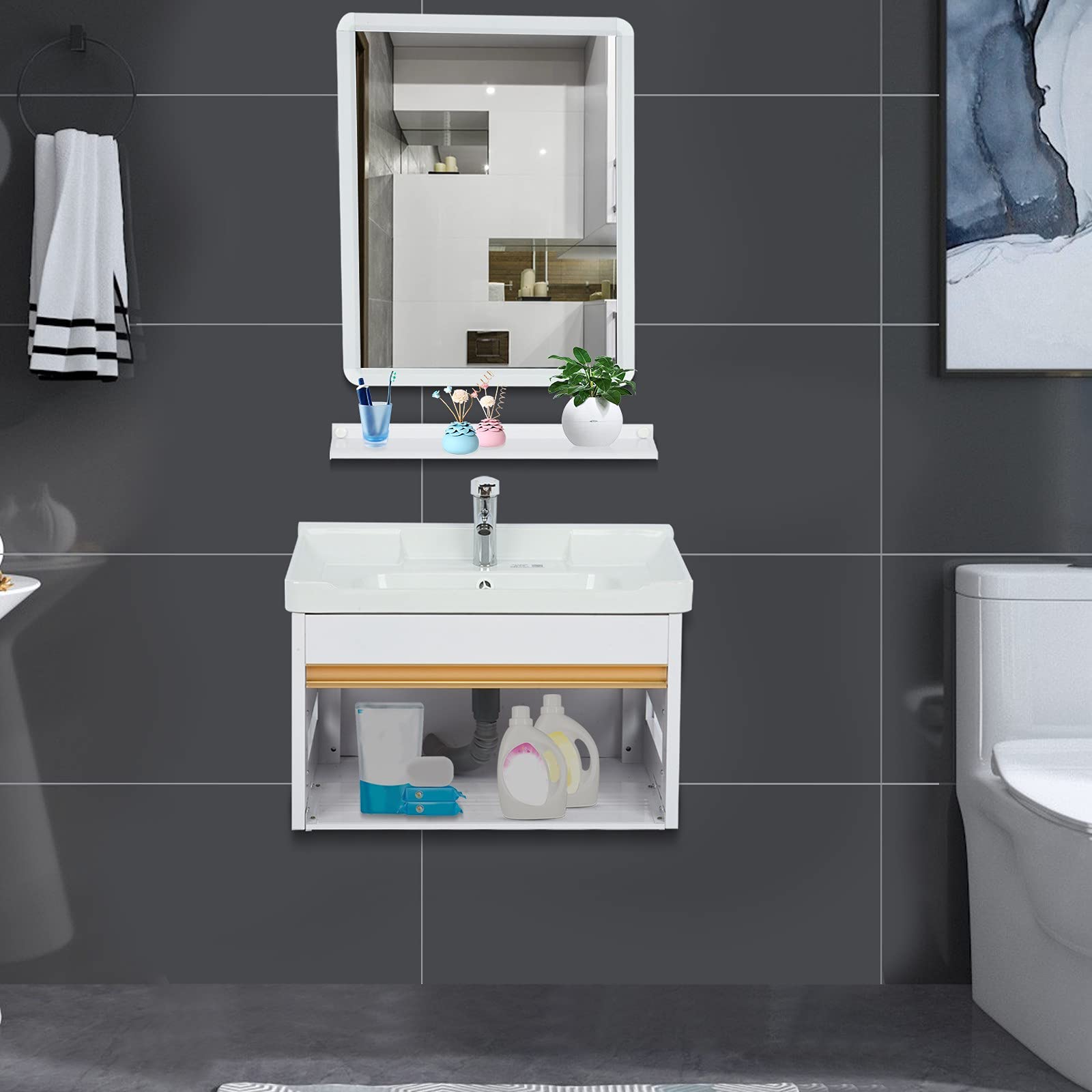 Modern Bathroom Vanity Set with Ceramic Vessel Sink, Chrome Faucet & Mirror - Undermount Sink Cabinet Combo for Small Bathrooms | Perfect for Home Renovation & Space-Saving Solutions
