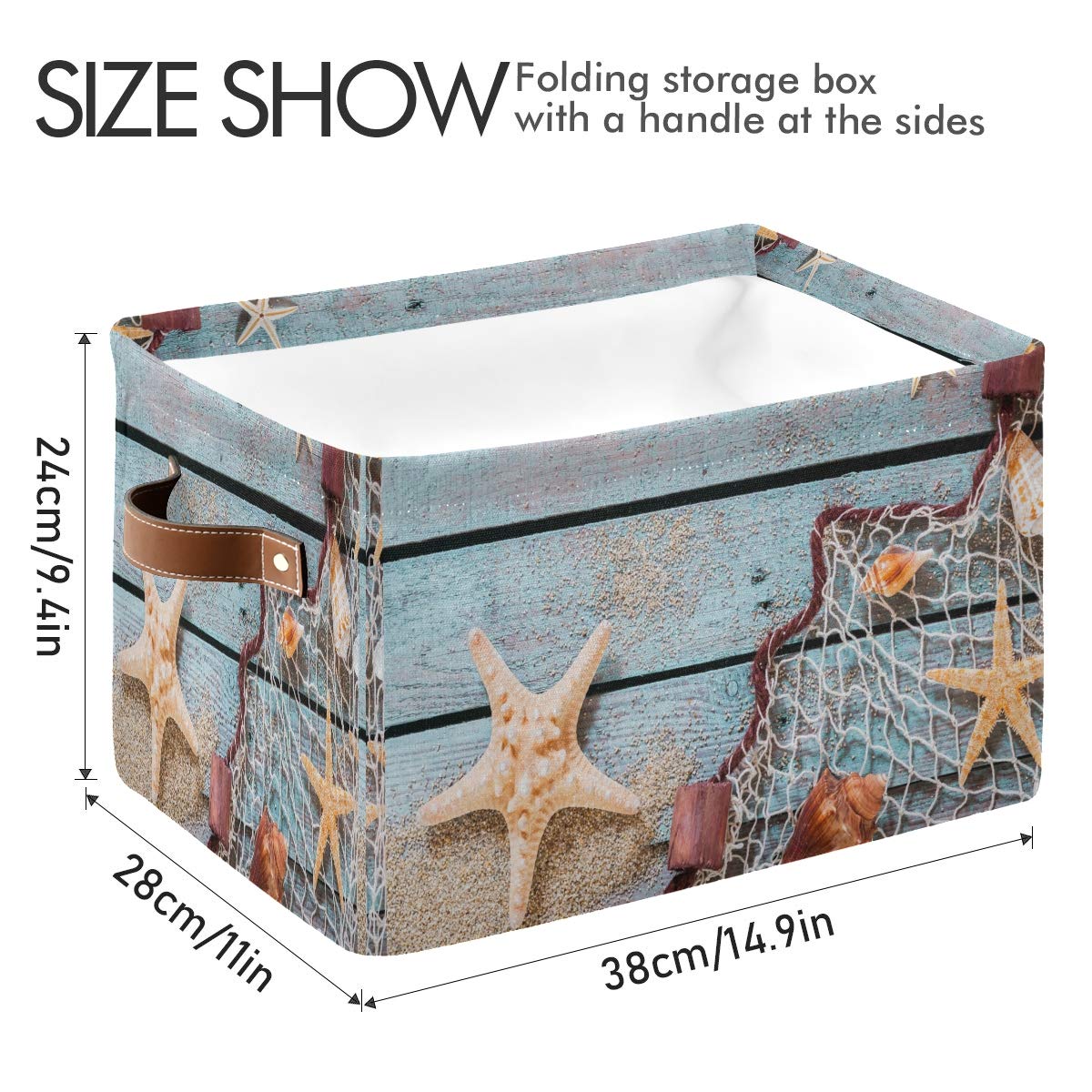 AUUXVA Large Collapsible Fabric Storage Basket with Handles - Rustic Wooden Starfish Design for Beach Toys, Nursery, Bedroom & Bathroom Organization | Perfect for Summer Storage & Home Decor