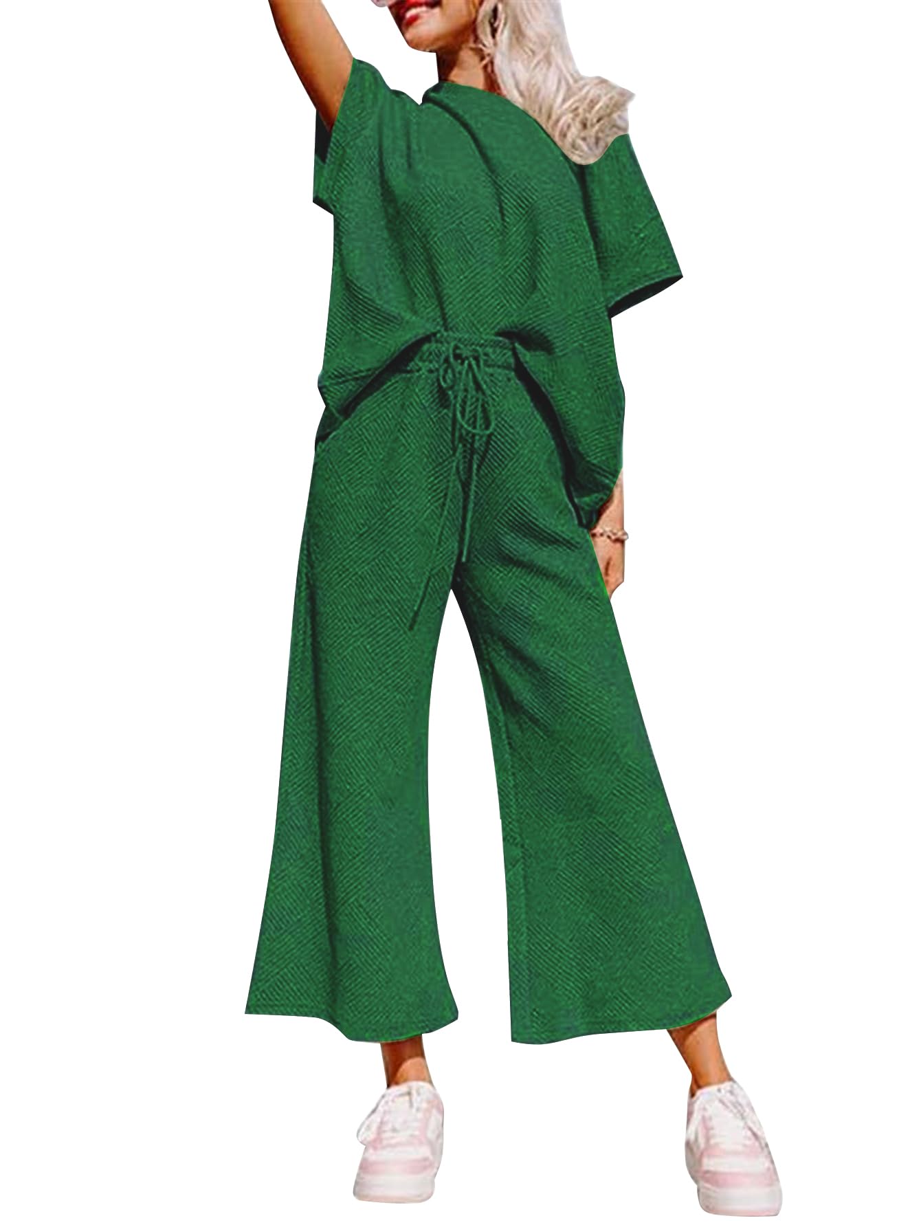 YKR Women's 2-Piece Lounge Set - Soft Knit Short Sleeve Pullover Top & Wide Leg Pants | Summer Comfort Outfit 2024 | Perfect for Home Relaxation, Yoga & Casual Wear