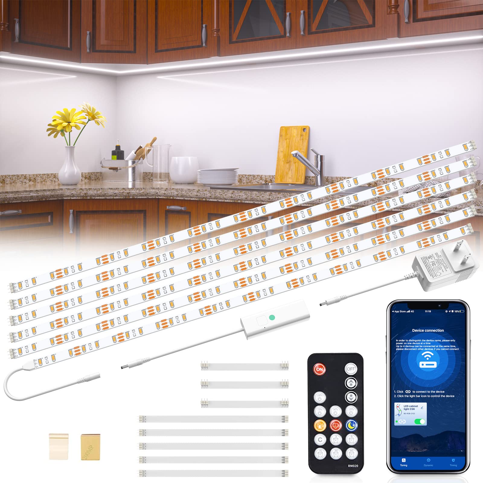 Wobsion 6-Pack Dimmable LED Under Cabinet Lights with Bluetooth & IR Remote - 1500LM Bright White Strip Lighting for Kitchen Counter, Closet, Shelf | Plug-in Installation, Timer Function | Perfect for Task Lighting & Home Decor