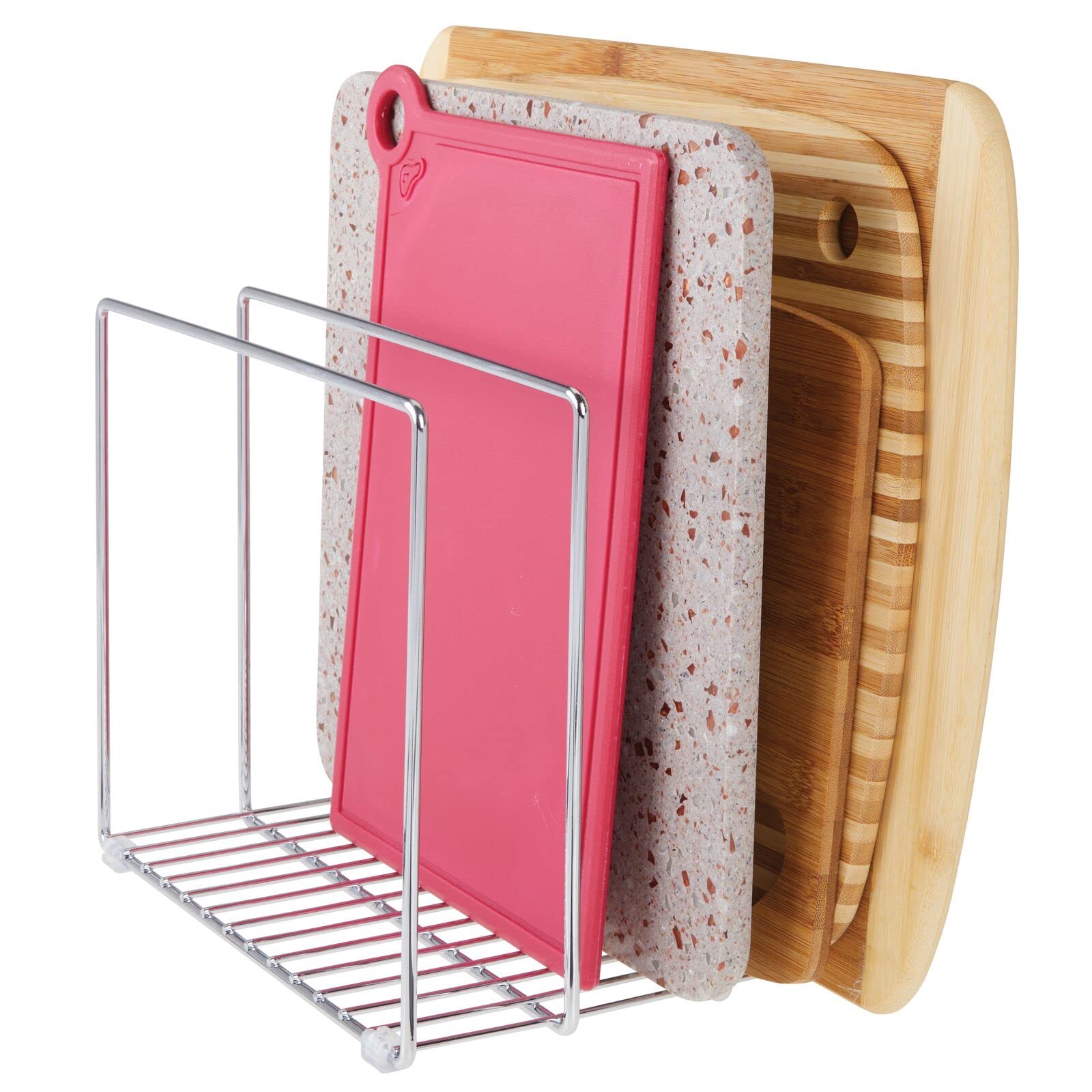 mDesign Steel Kitchen Cabinet Organizer - 3-Slot Storage Tray for Skillets, Frying Pans, Pot Lids, Cutting Boards & Baking Sheets | Concerto Collection Chrome | Space-Saving Cabinet & Pantry Organization Solution