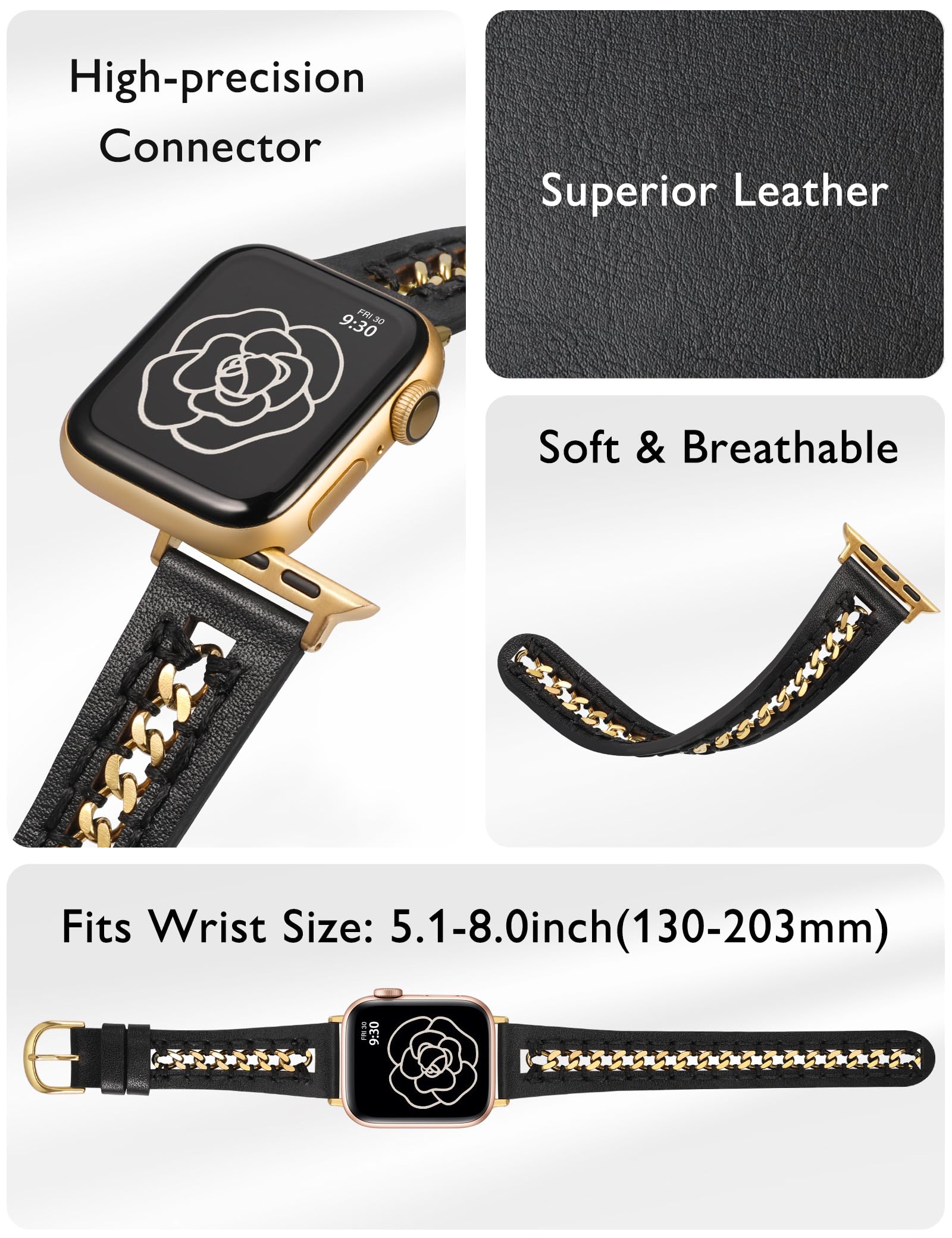 TOYOUTHS Genuine Leather Apple Watch Band for Women - Compatible with 38mm/40mm/41mm/42mm iWatch Series 10/9/SE/8/7/6/5/4/3/2/1 - Fashionable Leather Bracelet with Metal Chain Accents - Black & Gold - Perfect for Work, Casual Wear & Western Style Outfits