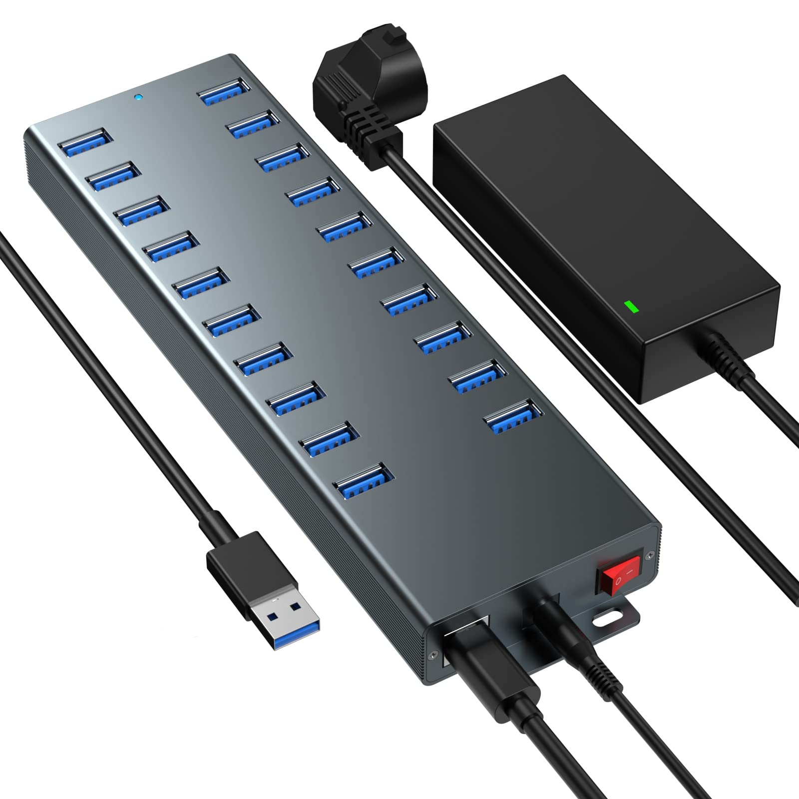 20-Port Industrial USB 2.0 Hub with 12V/10A Power Supply - Aluminum Alloy Charging & Data Sync Station for Office, Home & Workshop (WJESOG)