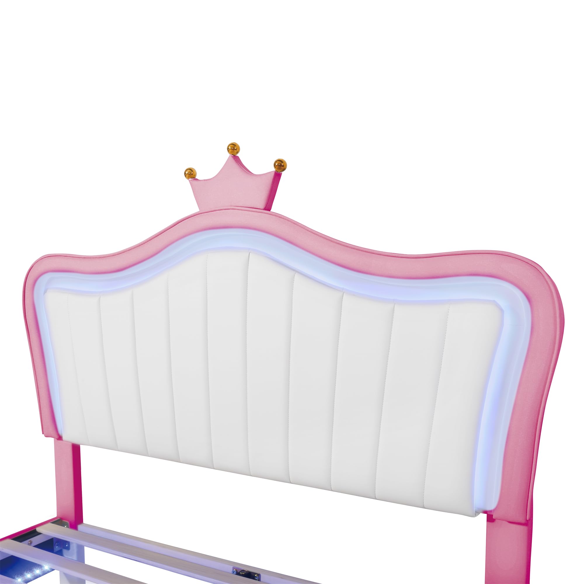 Harper & Bright Designs Full Size Princess Bed with Crown Headboard & LED Lights, PU Upholstered Platform Bed Frame with Adjustable Headboard for Kids, Boys & Girls - White & Pink | Perfect for Bedroom Decor, Kids' Room, Princess Themed Nursery & Sleepovers