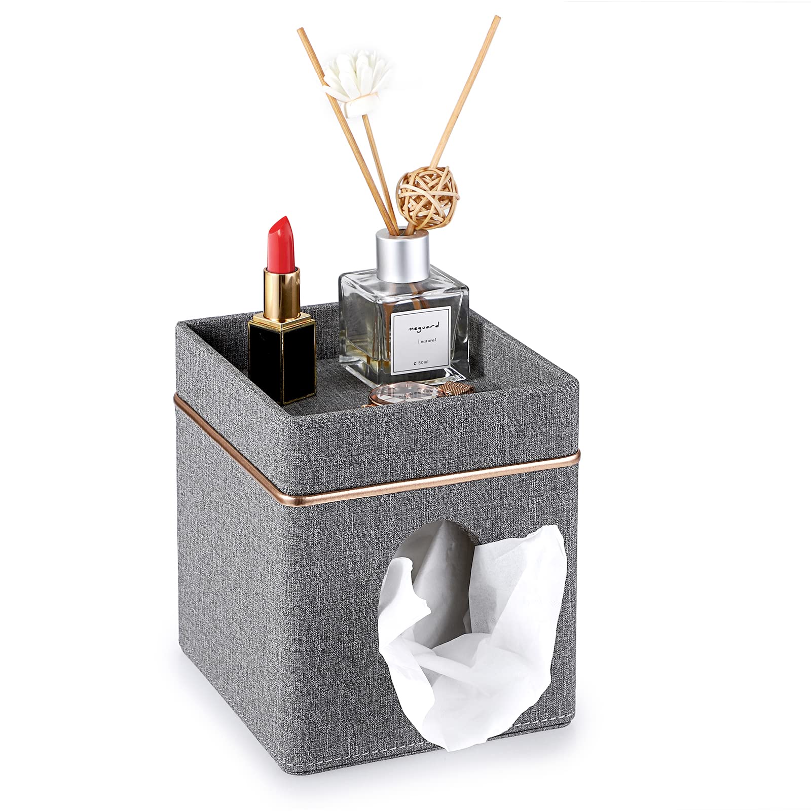 Sumnacon Square Linen Tissue Box Cover with Top Tray - Stylish Cube Tissue Holder for Bathroom, Living Room, Bedroom, Office & Car - Home Decor Accessory (Grey) | Perfect for Home, Office & Travel Use