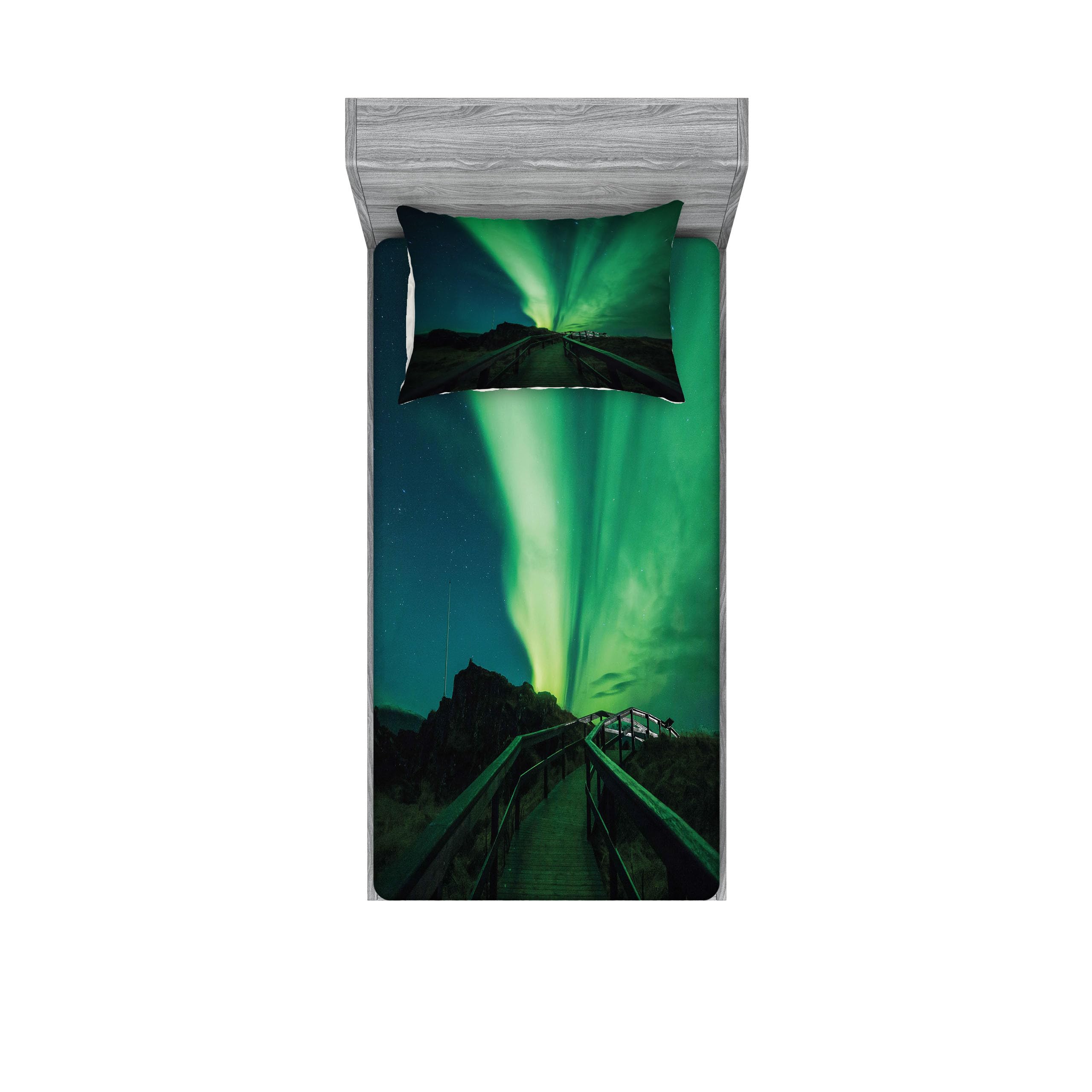 Ambesonne Aurora Borealis Fitted Sheet & Pillow Sham Set - Wooden Bridge Solar Sky Scenic Arctic Magic Bedding Decor | 2-Piece Twin Size in Fern Green & Dark Blue | Perfect for Nordic Themed Bedrooms & Cozy Cabin Retreats