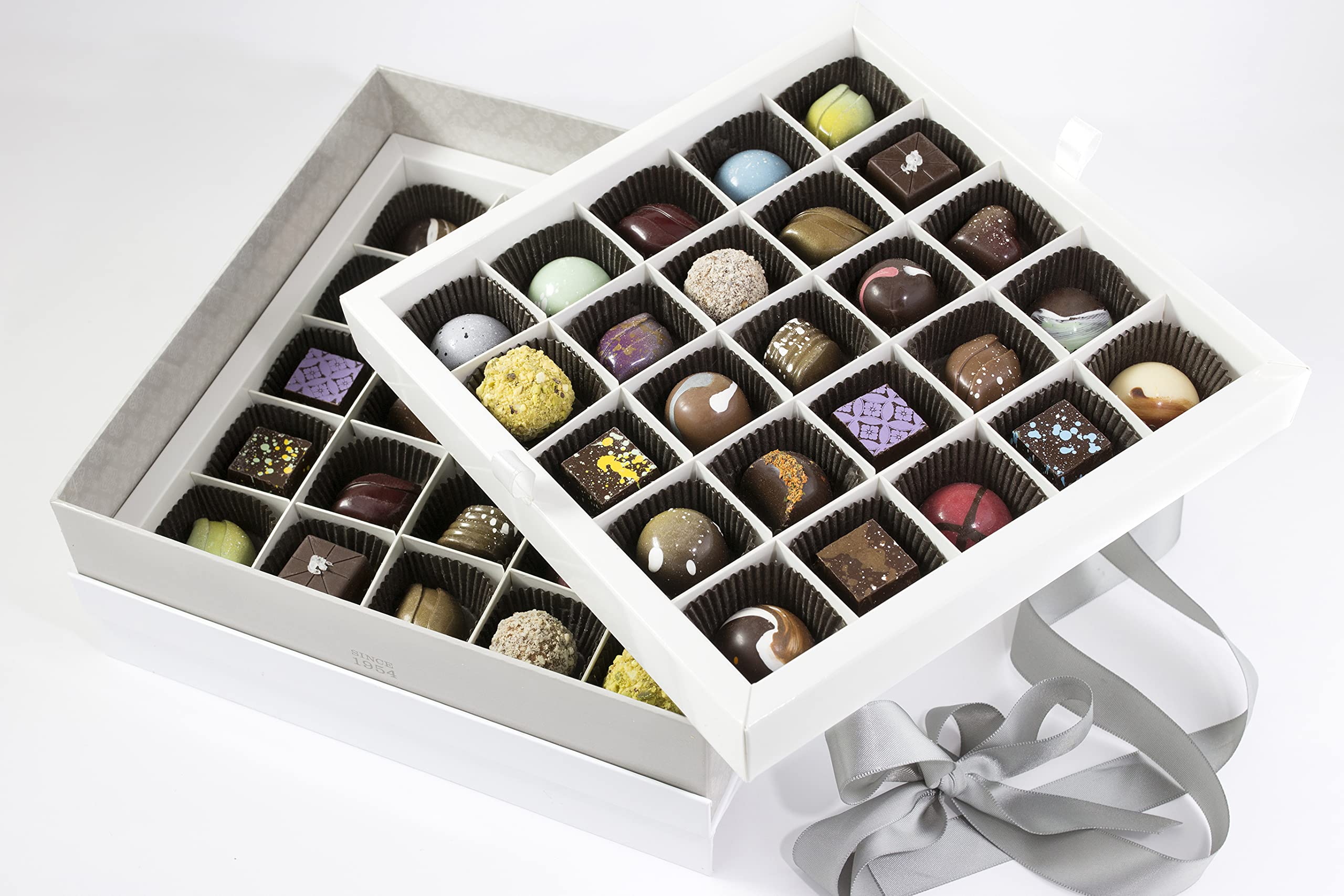 Premium Chocolate Gift Box by Dallmann Confections - 50 Pcs Handcrafted Chocolates with Silver Satin Ribbon | Elegant Birthday, Anniversary & Corporate Gifts | Perfect for Holidays, Valentine's Day & Special Occasions