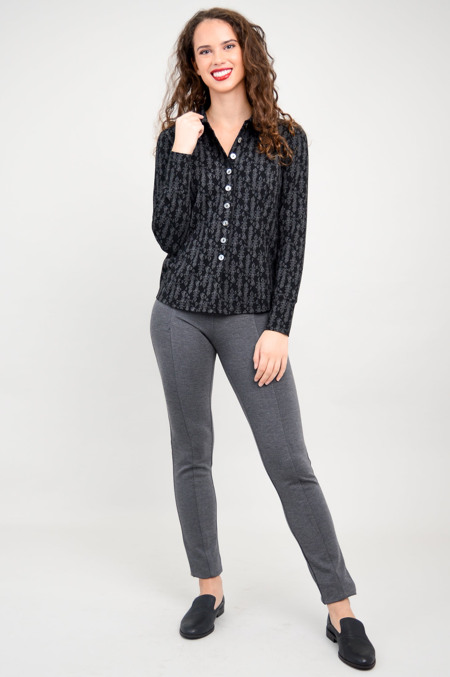Harley Long Sleeve Top for Women - Soft Bamboo Fabric, Charcoal Paisley Print - Comfortable & Stylish Casual Shirt - Perfect for Work, Travel & Everyday Wear