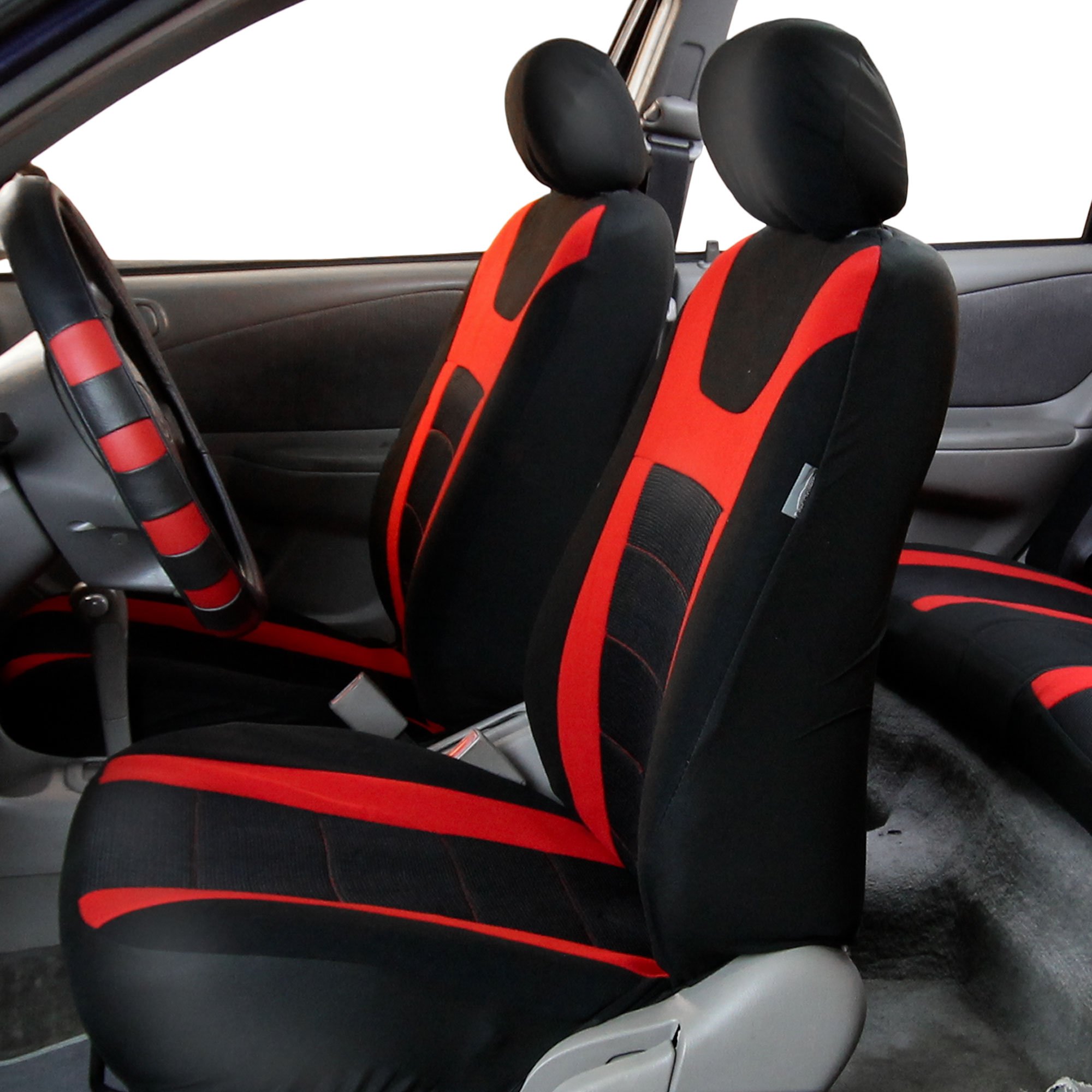 FH Group Universal Low Back Car Seat Covers Front Set - Breathable Cloth Seat Protectors with Removable Headrest | Airbag Compatible for SUV, Sedan, Van (Red) | Perfect for Commuting, Road Trips & Family Travel