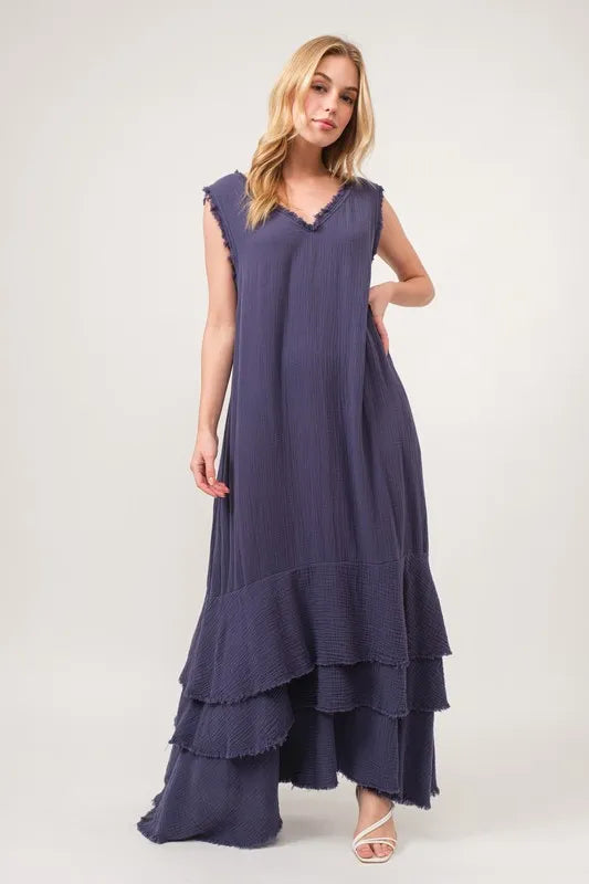 Navy Blue Washed Cotton Gauze Fringe Maxi Dress for Women - Beach Cover Up, Resort Wear, Summer Vacation Outfit